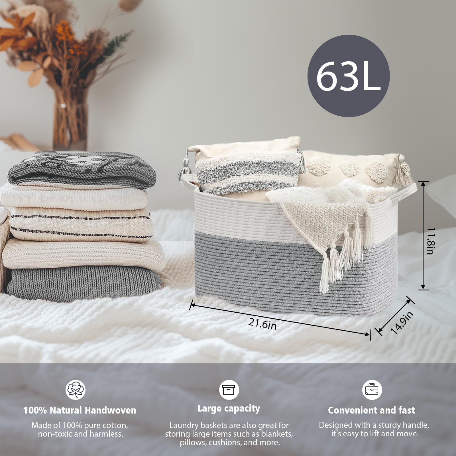 Fernlandia Korb Aufbewahrung Groß mit Griff für Babykleidung Spielzeug Decke Bettwäsche Handtuch, 55 * 38 * 30cm，Geeignet für Wohnzimmer Schlafzimmer Badezimmer (Grau-Weiß) Baby