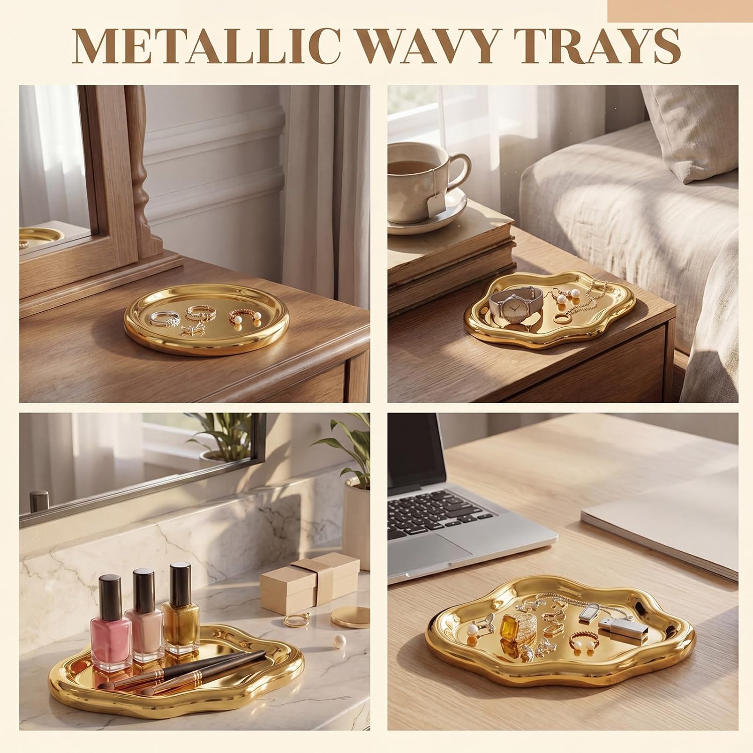 Patelai 2 Pcs Ceramic Jewelry Tray, Cloud Trinket Dish for Women Gold