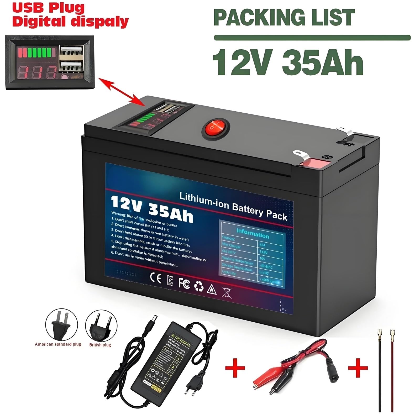 Batería 12V 35Ah Li-Ion 18650 Con Cargador 12,6V 3A Para Bicicletas Eléctricas Scooters Farolas Solares Inversores