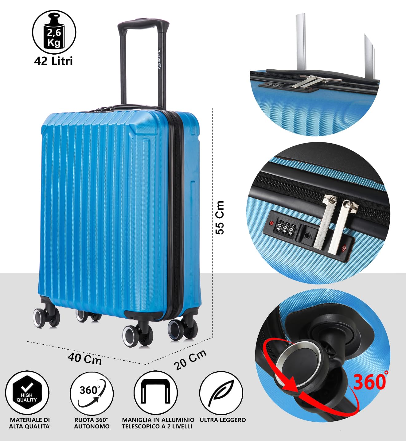 R.Leone Valigia Ryanair 55x40x20 cm+ 40x20x25 cm Set 2 Pezzi Trolley Bagaglio a mano 4 Ruote e Beauty Case in ABS 2208 (Giallo, Set 2 Pezzi S+XS)