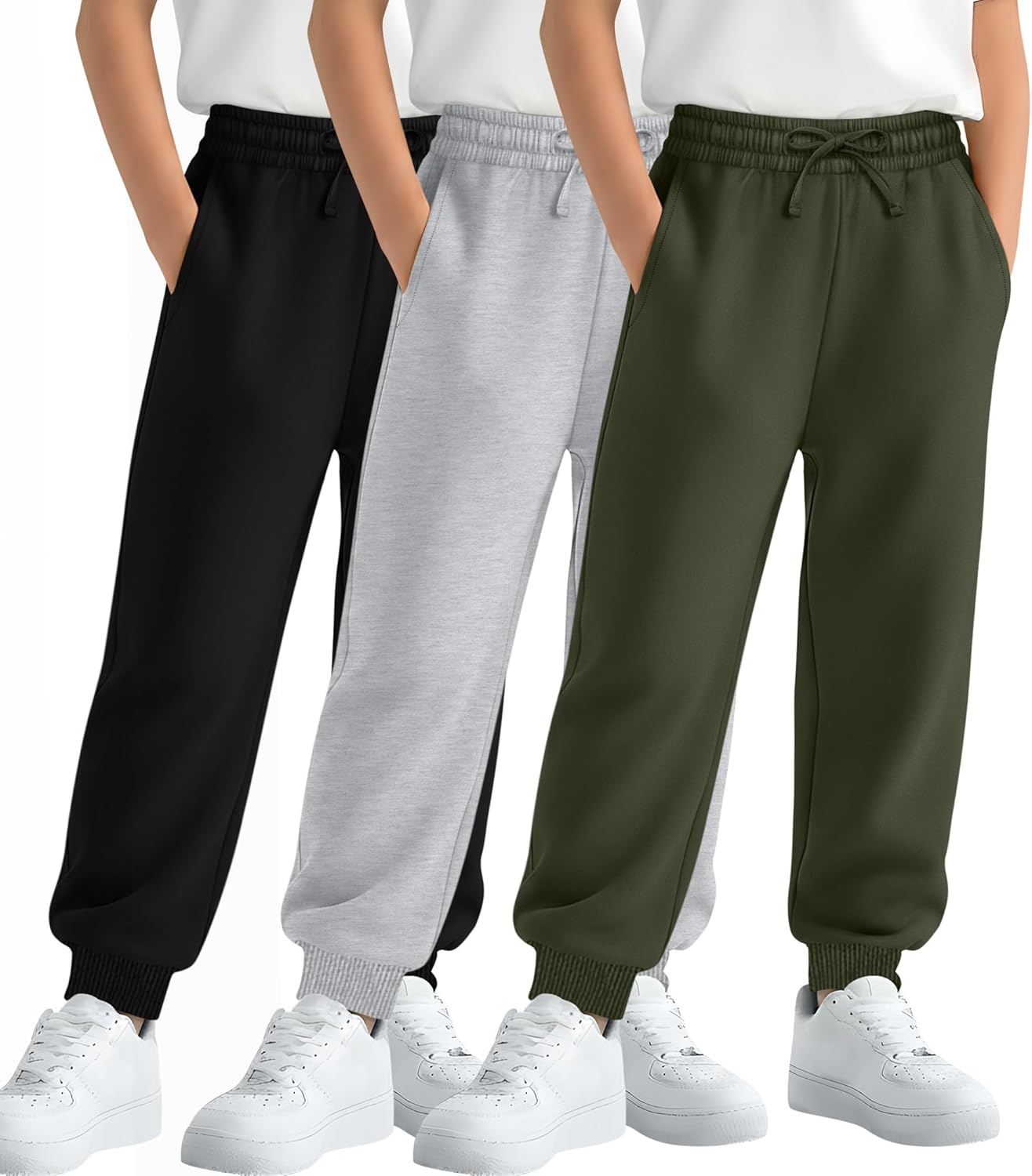 LessonZoo 3 Pack Boys' Sweatpants Kids Athletic Joggers with Pockets Baggy Drawstring Casual Elastic Waist Pants