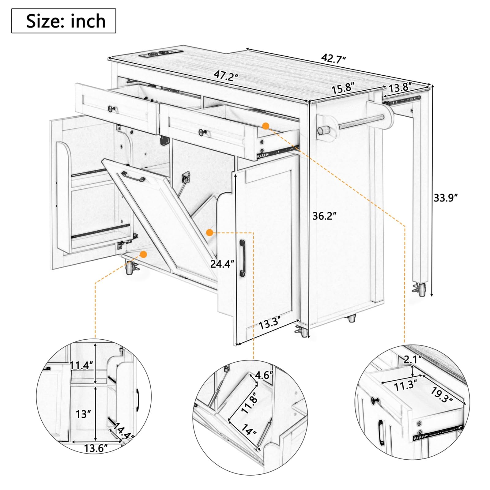 YEHTOKHOME Îlot Central Cuisine avec Station de Charge, Desserte de Cuisine avec Plans de Travail Extensibles, 2 Tiroirs, 2 Portes, Poubelle Intégrée, Porte Serviettes (A-Noir)