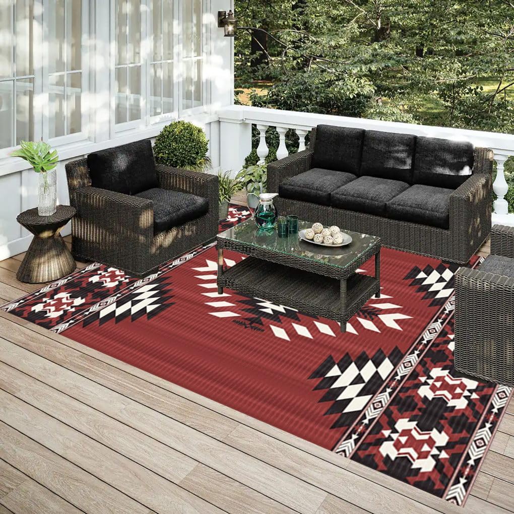 Rustic Red Black White Geometric Pattern Area Rug 5x7 for Deck Porch Patio Veranda Waterproof No Slip Durable Large Carpet in Balcony Garden Pool RV