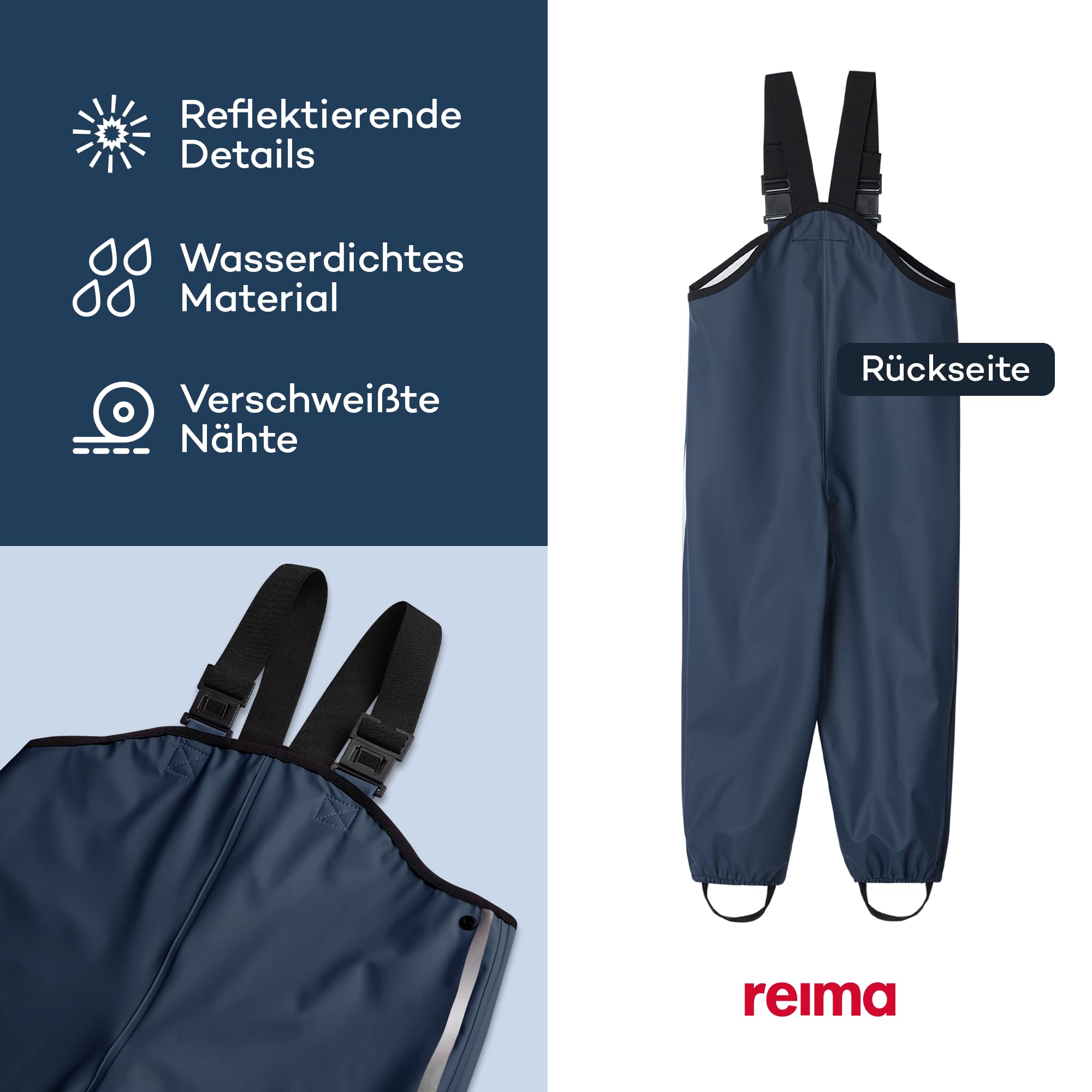 Reima - Lammikko Regenhose für Kinder Wasserdicht - Strapazierfähige Matschhose Jungen und Mädchen mit verstellbaren Hosenträgern, elastischen Beinabschlüssen - Navy, 86