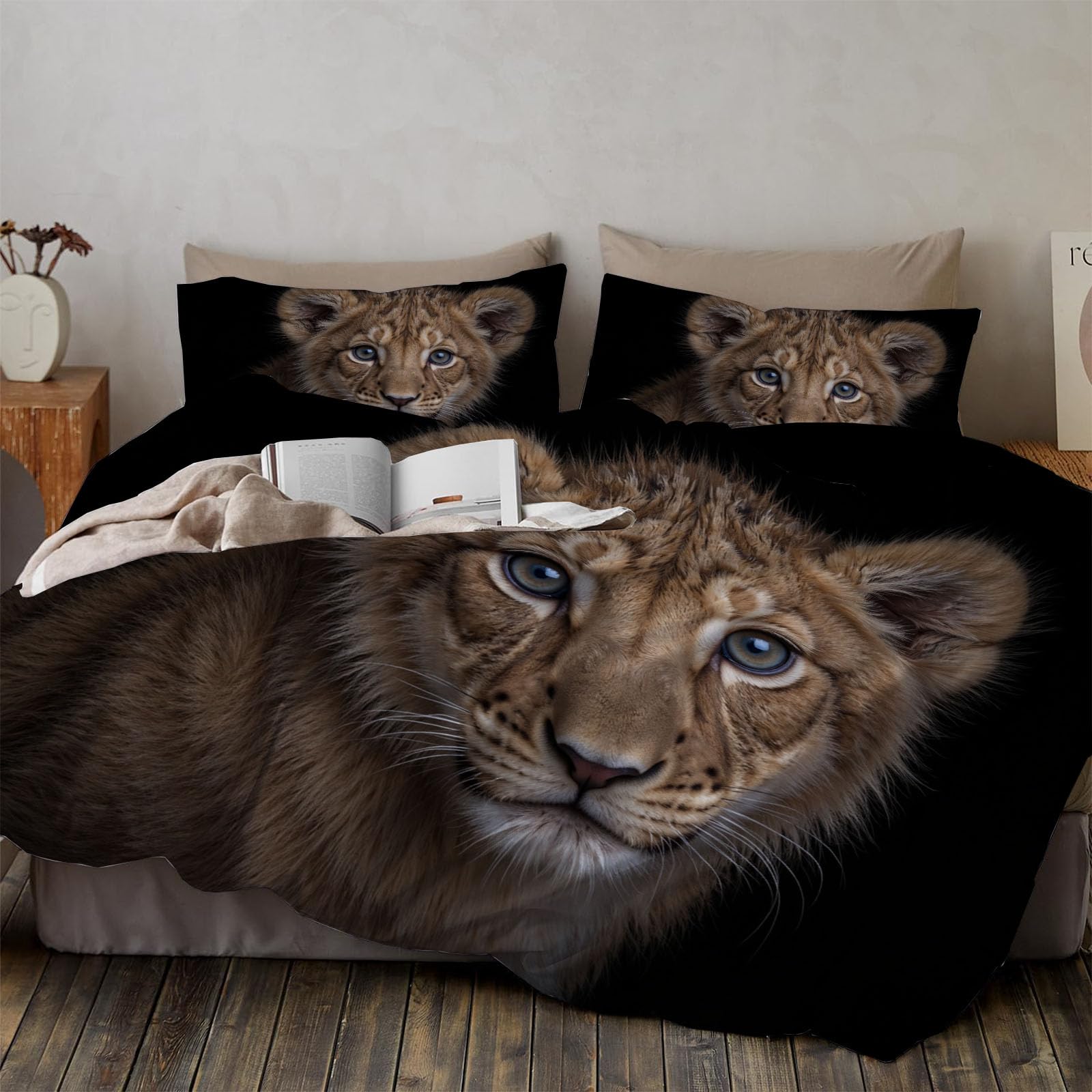 Parure de lit enfant 200x200 housse de couette lionceau animal brun taie oreiller 65x65