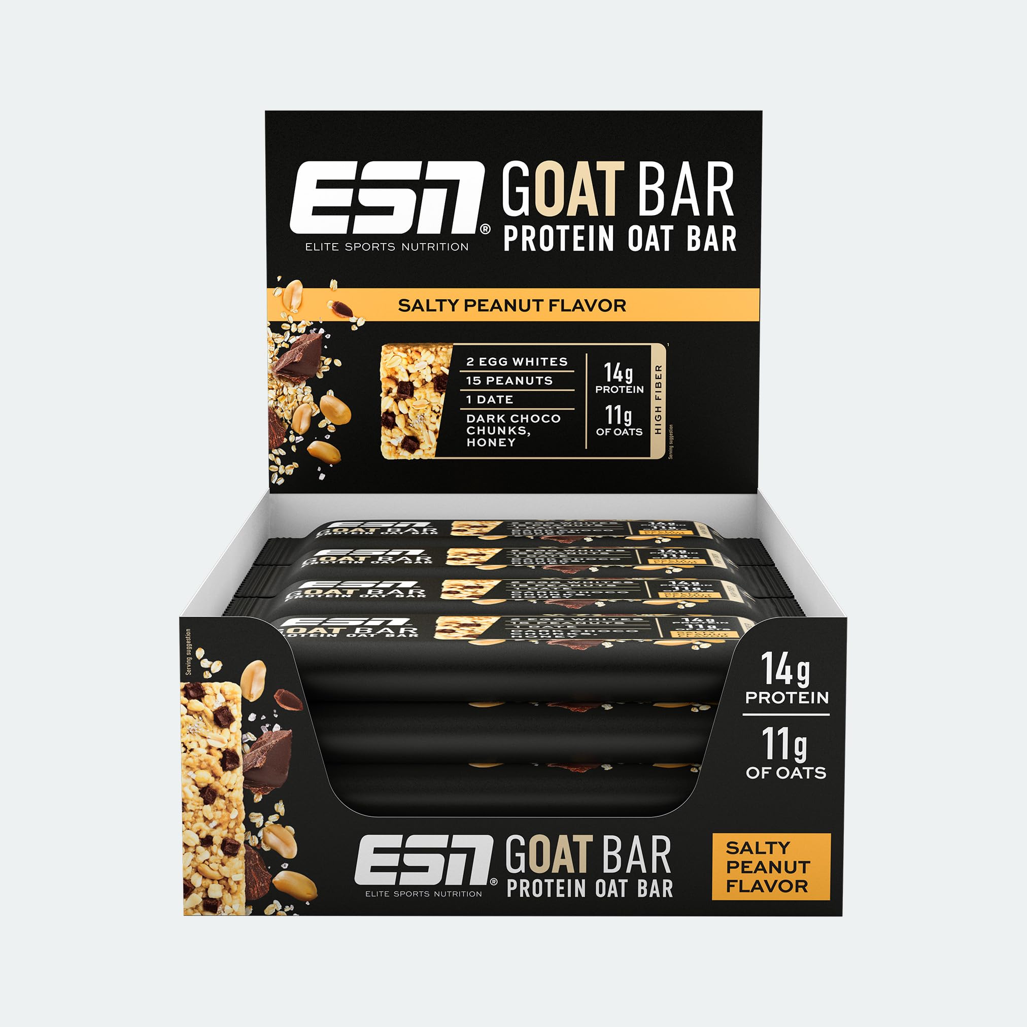 Barre ESN GOAT, barre protéinée à l'avoine, 12 x 55 g, Salty Peanut | En-cas énergétique riche en fibres, 14 g de protéines et 11 g d'avoine, sucrée aux dattes et au miel