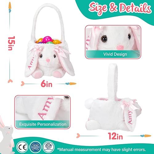 Miniatura 2 de Cesta personalizada de conejo de Pascua de 15 pulgadas, cesta de Pascua personalizada con nombre bordado, cesta de caza de huevos de Pascua para