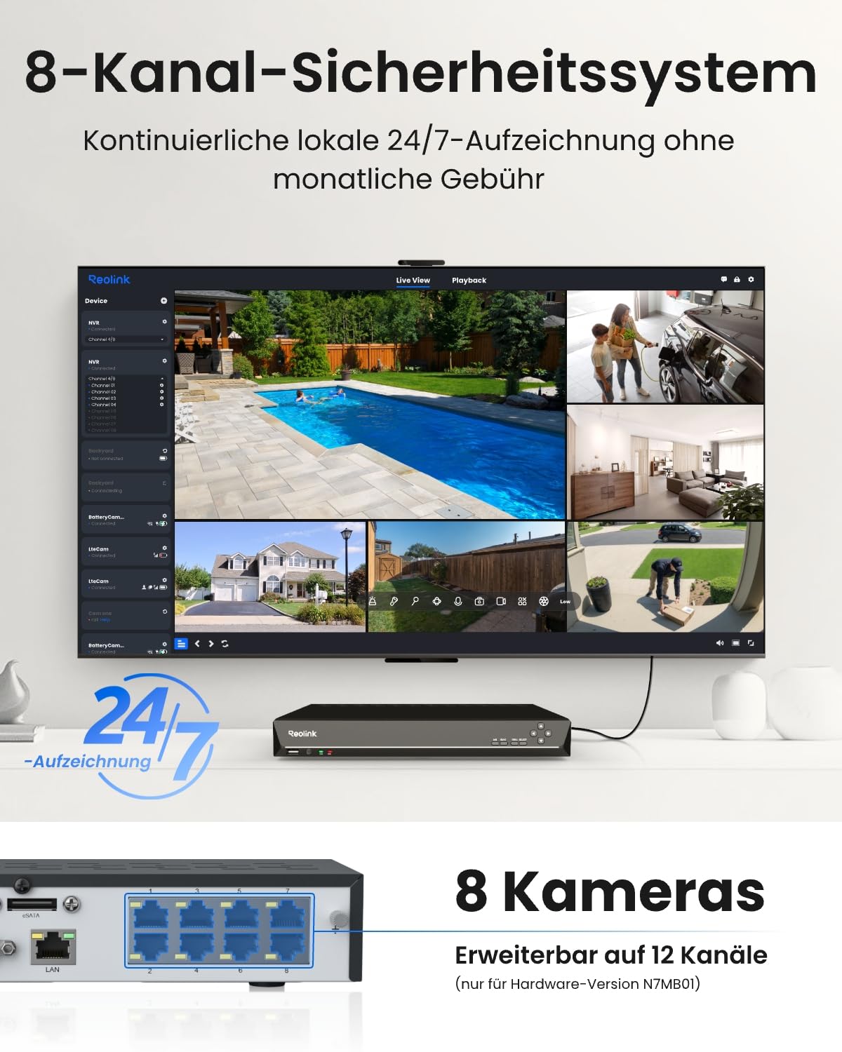 Reolink 8CH 4K PoE NVR Überwachungssystem Rekorder, Videoüberwachung für Haus, Innen, Aussen Sicherheit. Unterstützt 16MP/12MP/4K/5MP/4MP HD IP Kameras, RLN8-410 NHD (Ohne Festplatte)