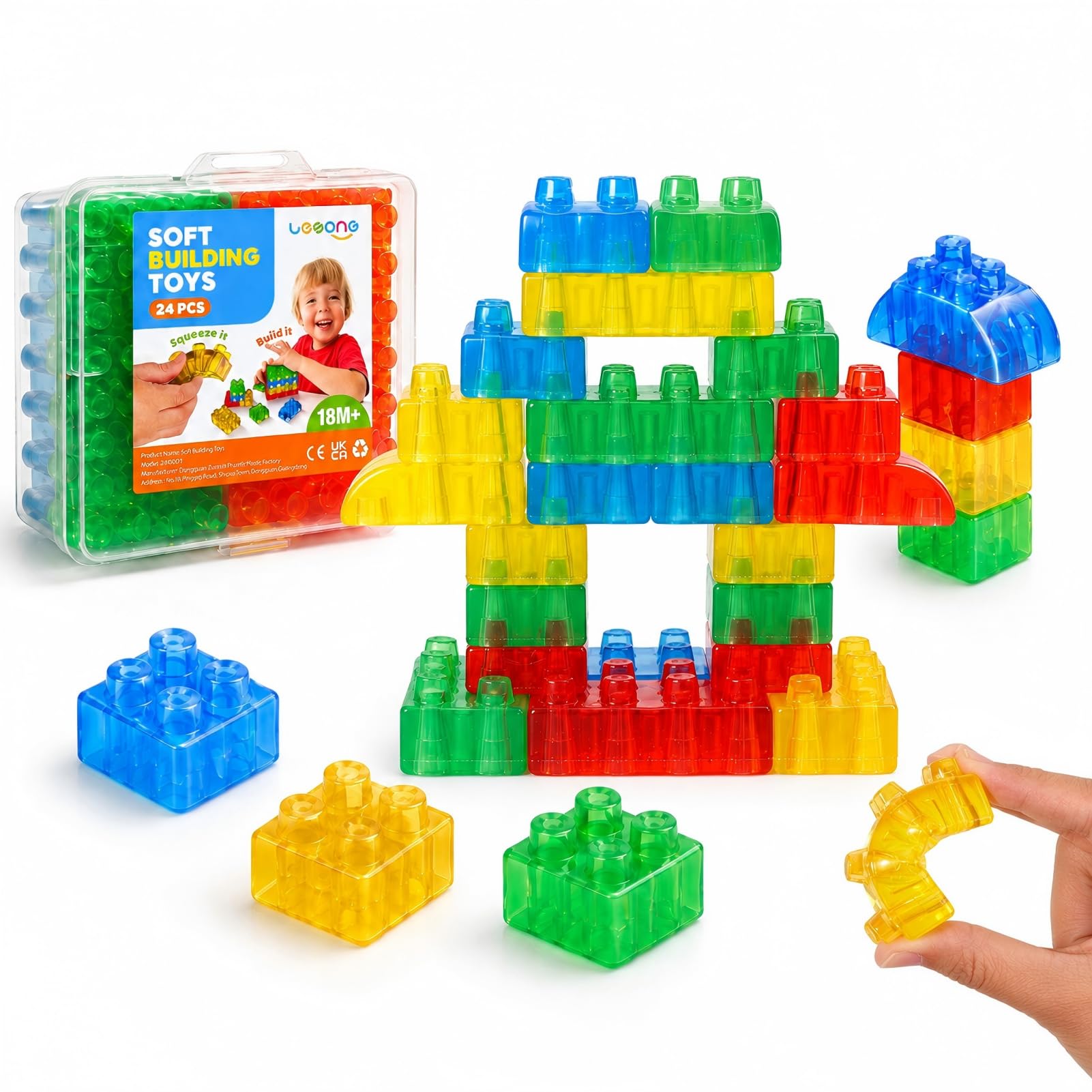 LESONG Sensory Building Toys for Toddlers: 24PCS Squeezable Silicone Stacking Toys – Early Learning Construction Playset for Preschool Manual Skills, Birthday Gifts