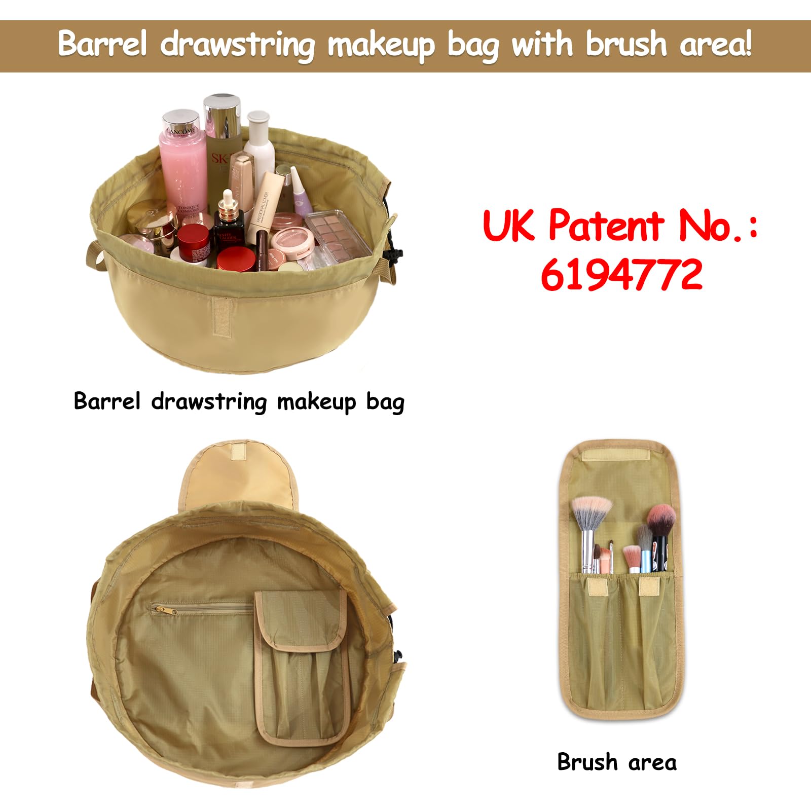 Drawstring Cosmetic Bag for Women - Barrel Drawstring Toiletry Cinch Makeup Bag for Travel with Brush Area (Khaki) - Image 2