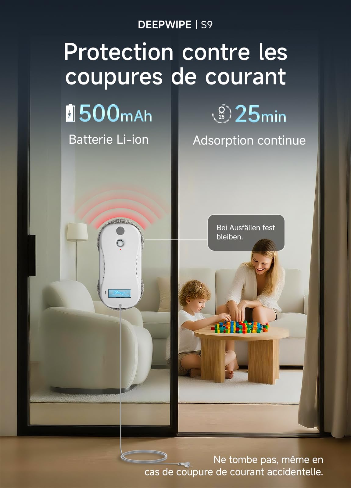 S9 Robot Laveur de Vitre, 5 800 Pa Lave Vitre Automat Nettoyeur, Planification Intelligente du Parcours Double Pulvérisation Réservoir 60ml Système de Sécurité Multicouche