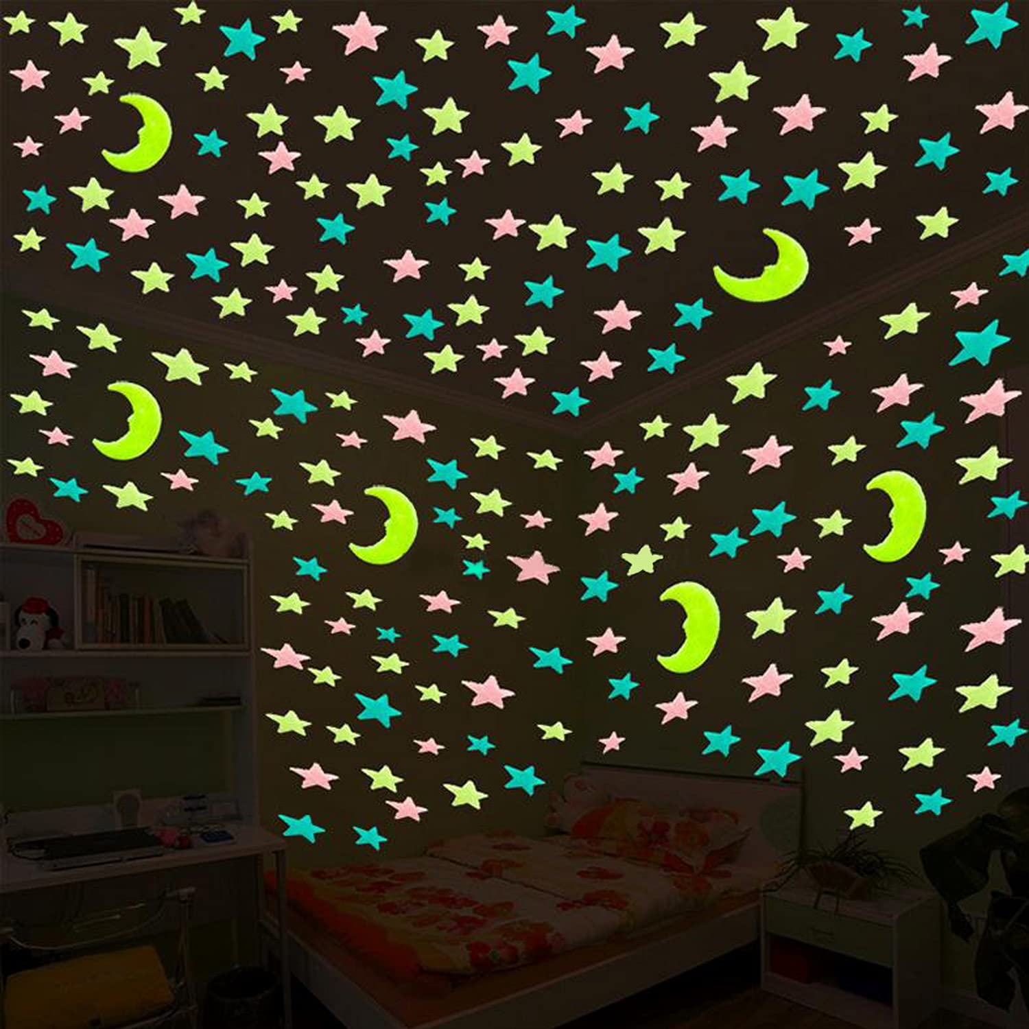 Pegatinas Brillantes Nocturnas - 206 Estrellas y Lunas 3D para Pared - Decoración Habitación Infantil - Autoadhesivas para Techo/Pared