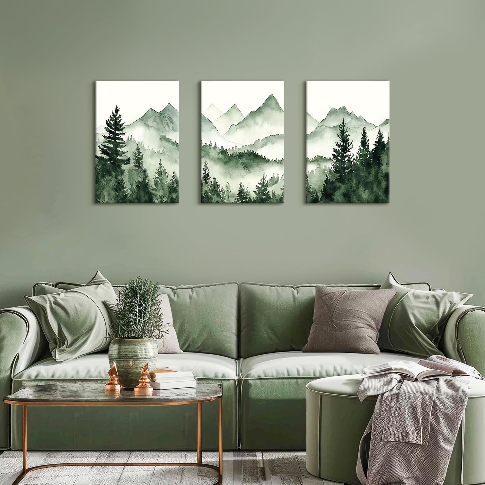 WENGTIAO 3 Stück Aquarell Berg Wald Leinwand Bilder Kunstdrucke Gerahmtes Bild Natur Landschaft Neblige Baum Berg Wandbilder auf Leinwand für Modern Wohnzimmer Schlafzimmer Wanddeko 40x60cmx3