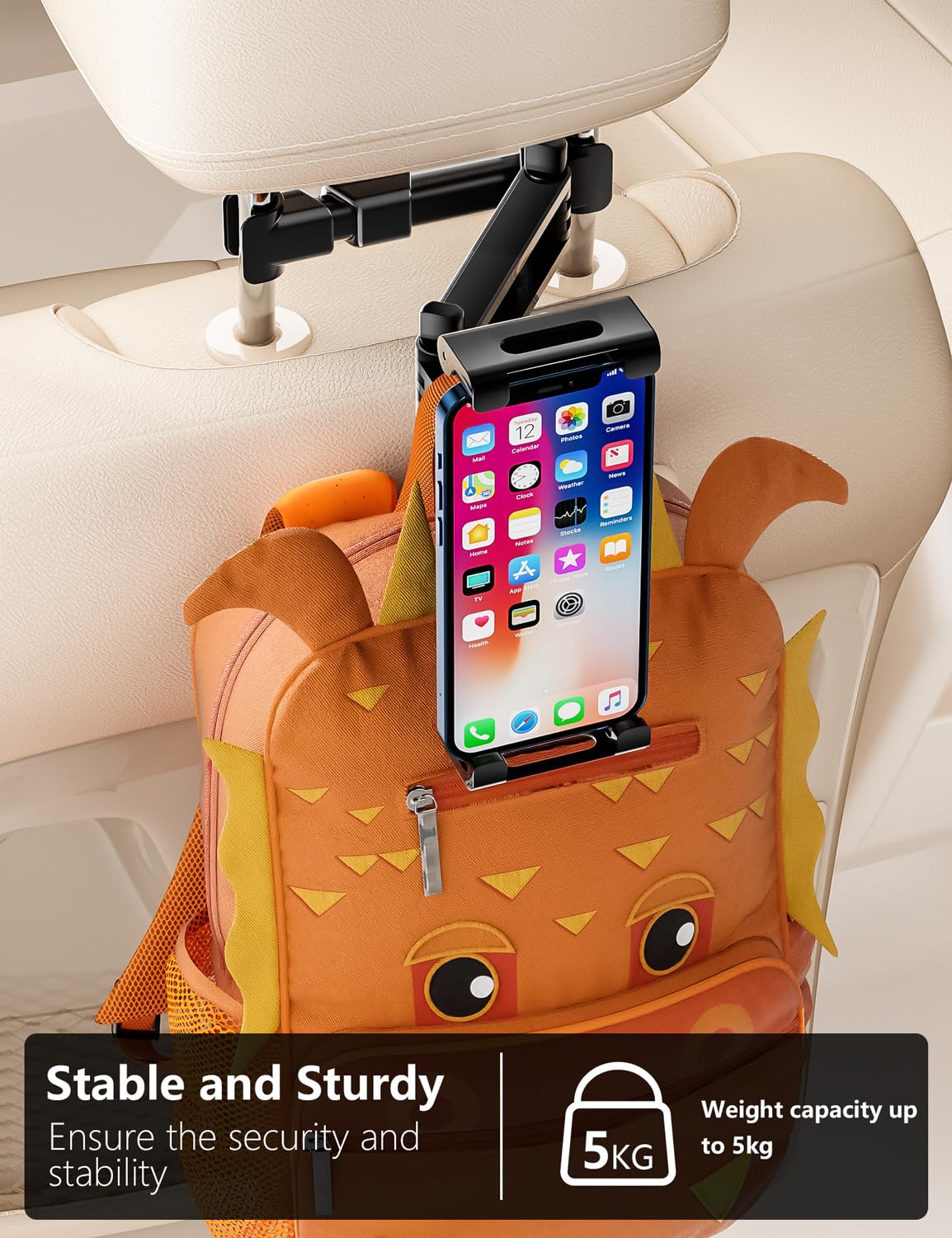 Support de tablette pour appui-tête de voiture, support de siège arrière de voiture [bras d'extension 3 en 1], rotation à 360 ° réglable, essentiel pour iPad Pro 4,7-11", Air, Mini, Galaxy