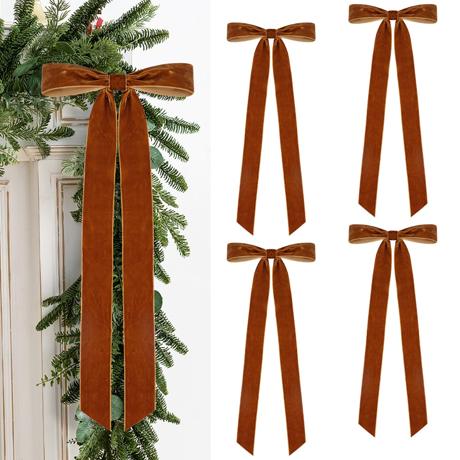 4 Pcs Large Brown Christmas Velvet Bows Decorations - 23.6 x 8.66 Inch Vintage Ribbon Bow for Xmas Tree Topper Wreath Garland Fireplace Staircase Home Decor (Light Brown)