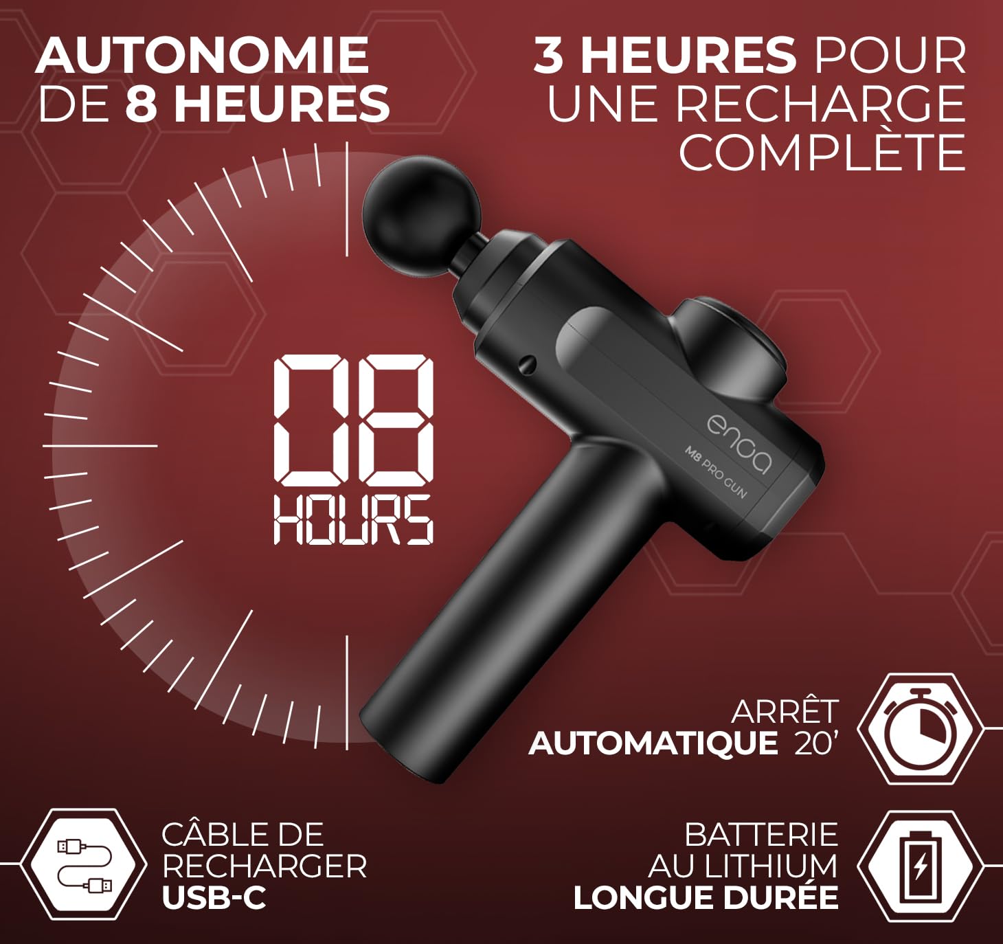 ENOA M8 PRO – Pistolet de Massage Musculaire, Puissant & Silencieux, 30 Vitesses, 6 Têtes, Écran LCD, USB-C, Sac de Voyage Inclus | Pistolet Massage Musculaire, Massage Profond, Silencieux, Écran Lcd, Usb C, 6 Têtes, Sac De Voyage