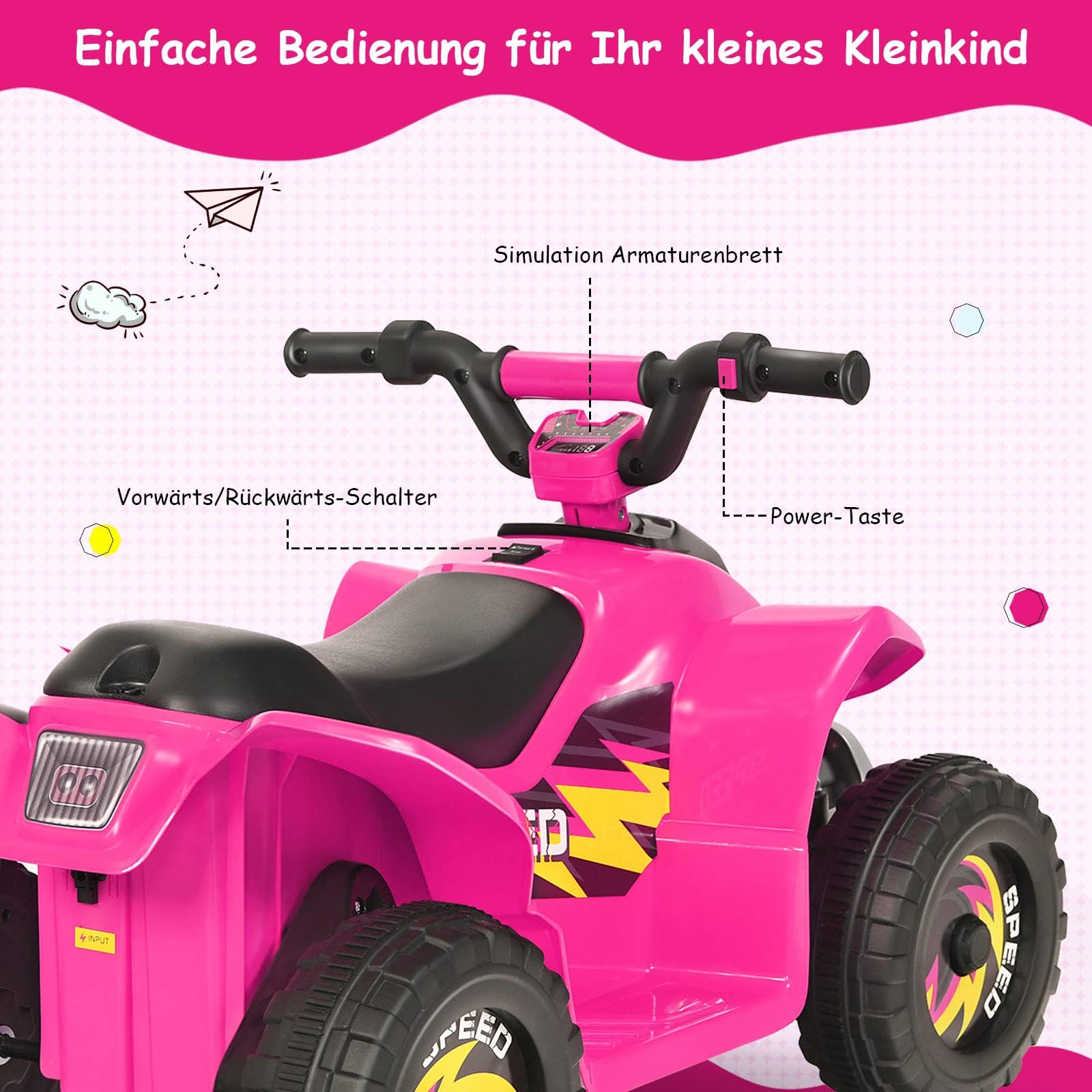 FANTASK 6V Elektro Kindermotorrad, Mini Elektroauto, Kinderquad, Elektroquad, Kinderauto, Kinder Quad für Kinder ab 3 Jahren, 2,8-4,6 km/h (Rosa)