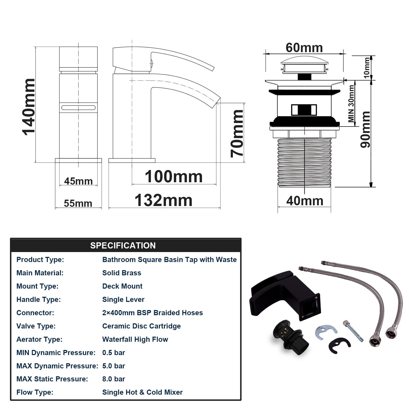 Waterfall Bathroom Sink Taps with Drain, BATHWEST Matte Black Square Basin Taps with Pop Up Waste - Image 3