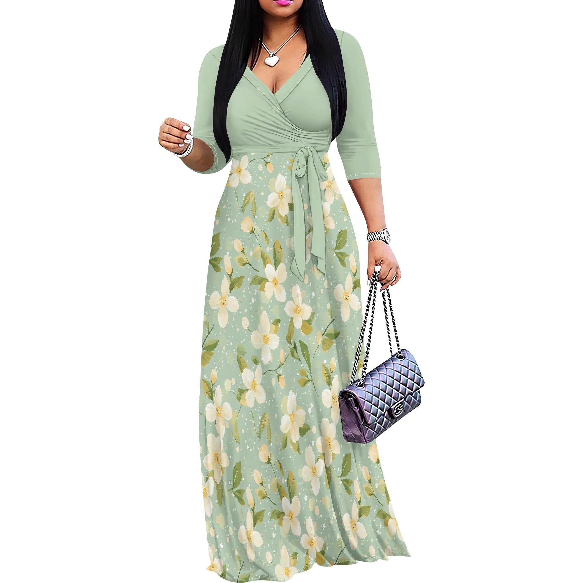 PinkPatty Women's Plus Size V Neck 3/4 Sleeve Boho Maxi Dress with Pockets