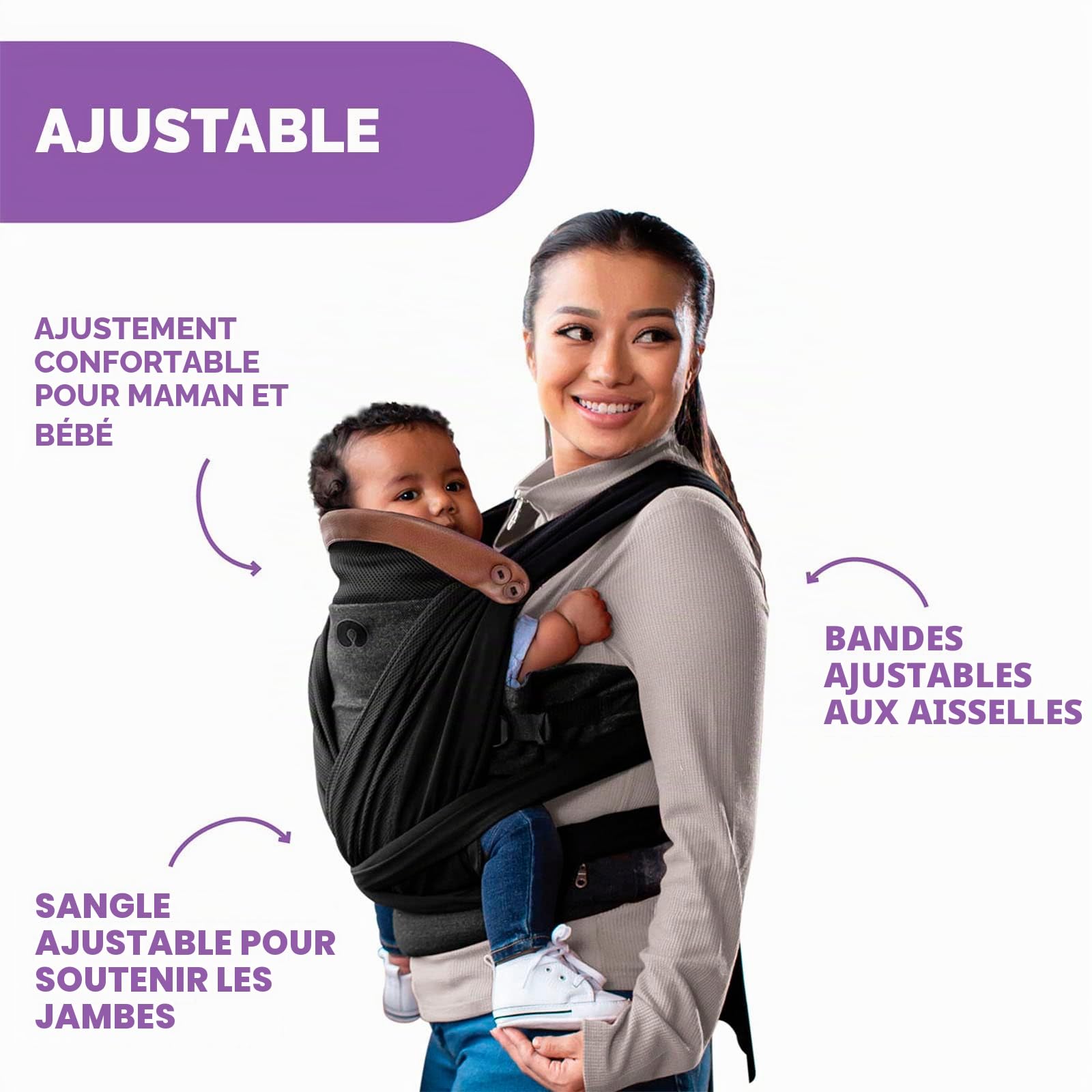 Chicco, Boppy Comfyfit Ajust, facile à porter et ajustable, porte-bébé ergonomique avec soutien de la tête et de la nuque, noir