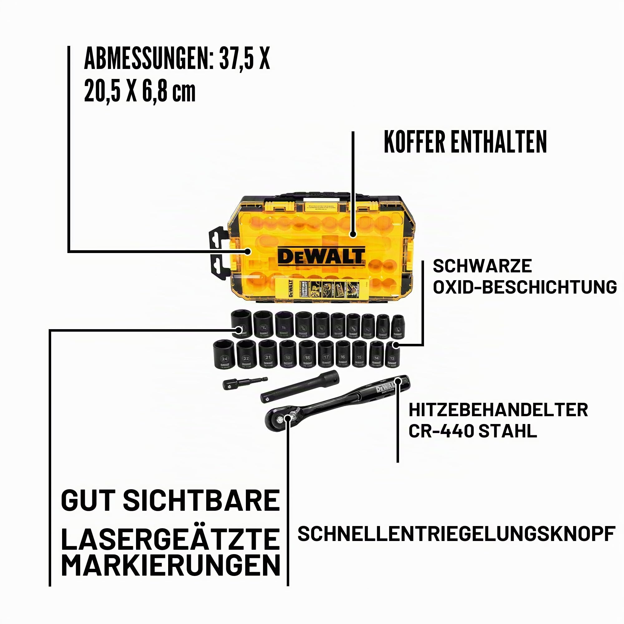 DEWALT Metric/SAE DWMT74739 Steckschlüssel-Set, 1,27 cm (1/2 Zoll), 23-teilig