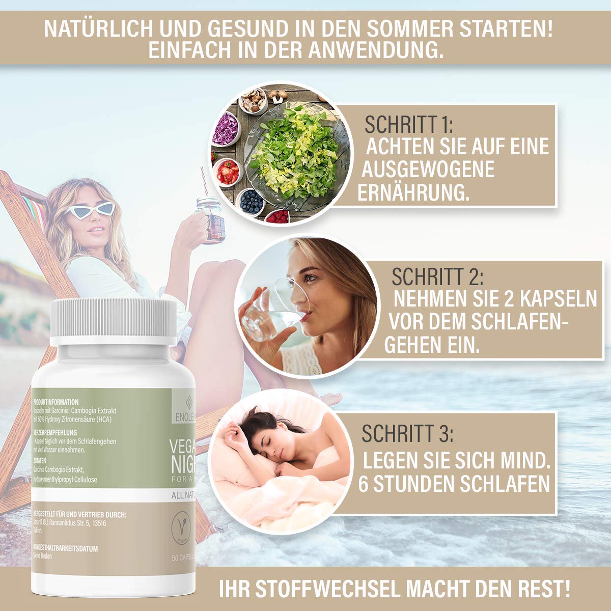 NEU: Enolenia® NIGHT F-BURN Kapseln VEGAN - 1 Kapsel pro Nacht mit Garcinia Cambogia Extrakt - für Männer & Frauen, schnell + Hochdosiert - aus hochwertiger Produktion in Deutschland (1x)