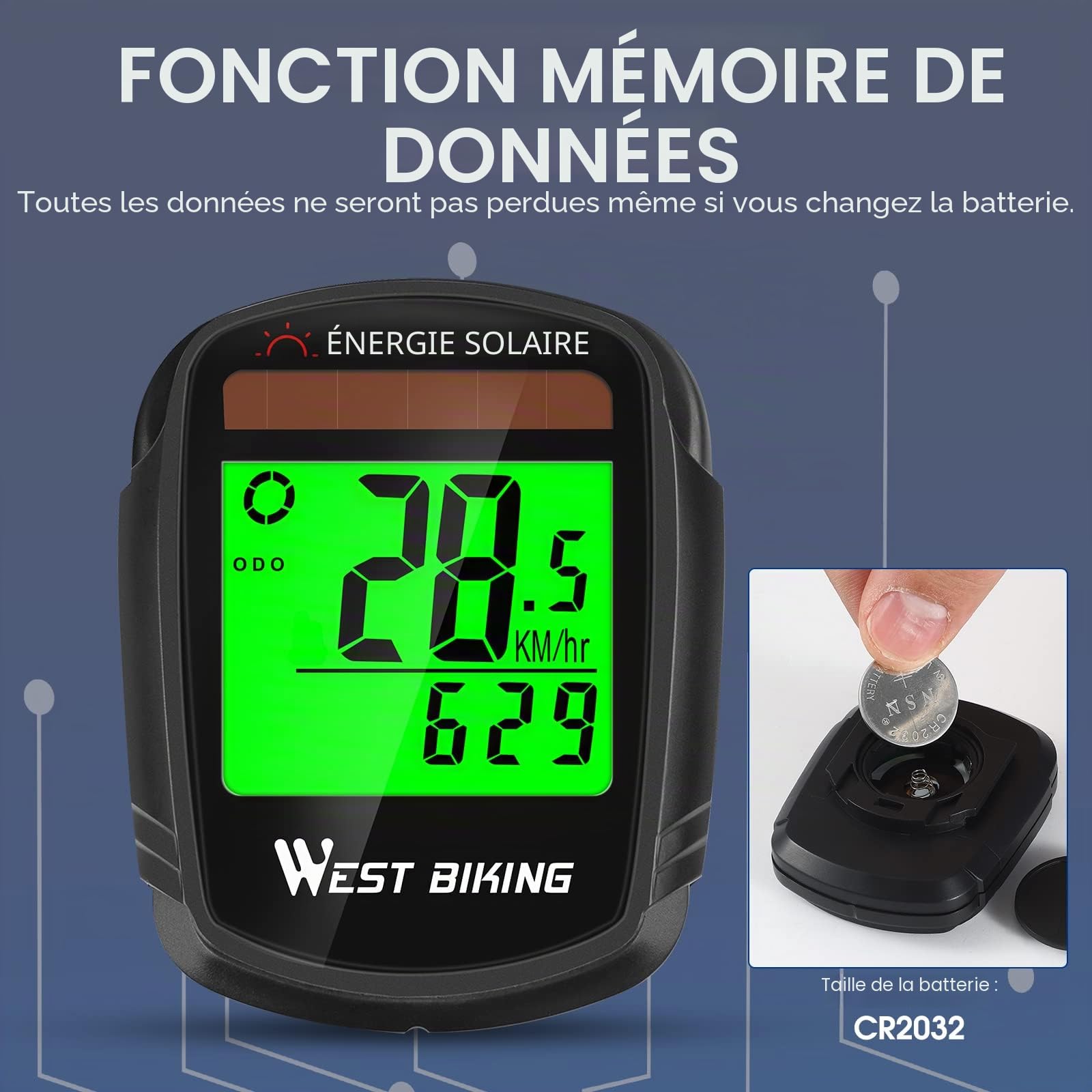 Compteur de vélo avec Compteur de Vitesse et odomètre à énergie Solaire sans Fil étanche LCD rétro-éclairage Automatique et Multifonction