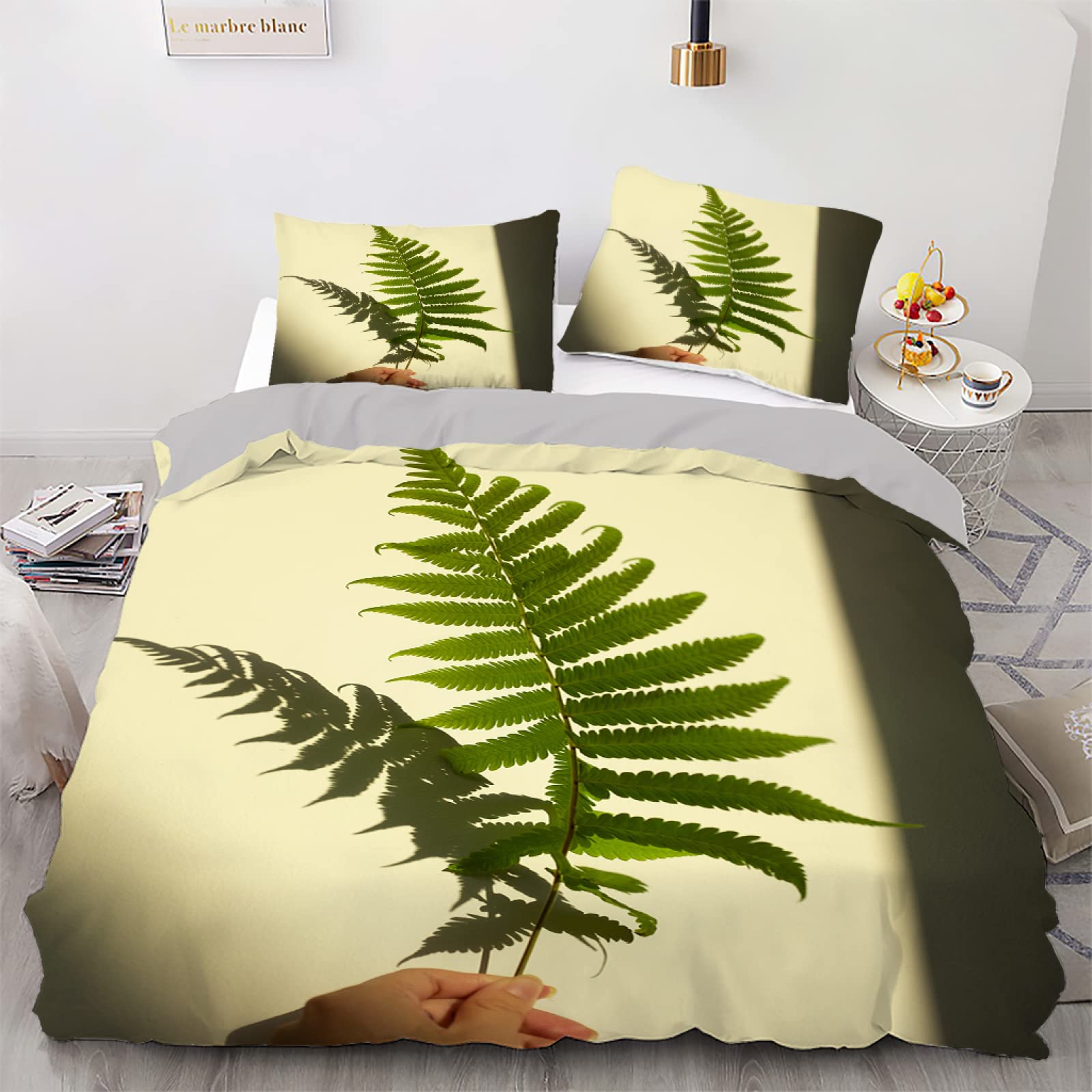 Housse de Couette 90x190 Jaune Motif Feuilles en Microfibre avec Taie pour Lit Enfant