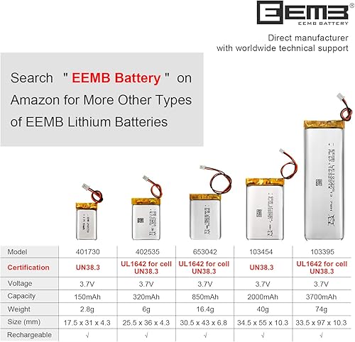 Miniatura 7 de EEMB Paquete de 100 baterías de polímero de litio 3.7 V 320 mAh 402535 Lipo batería recargable con conector Molex de cable para altavoz y