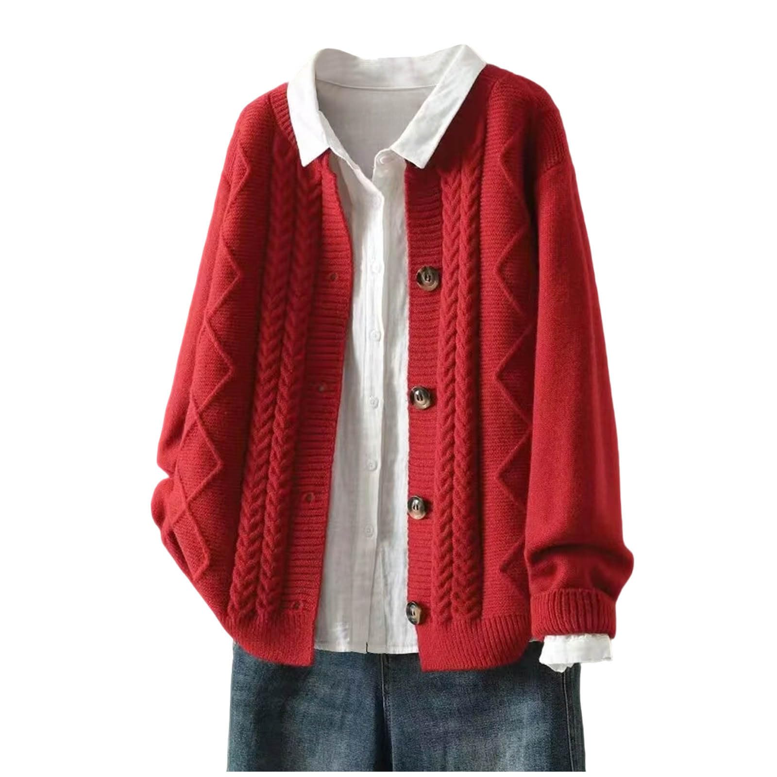Women Cable Knit Cardigan Sweater Crew Neck Button Down Cardigan Sweater Coat Fall Winter Casual Loose Sweaters