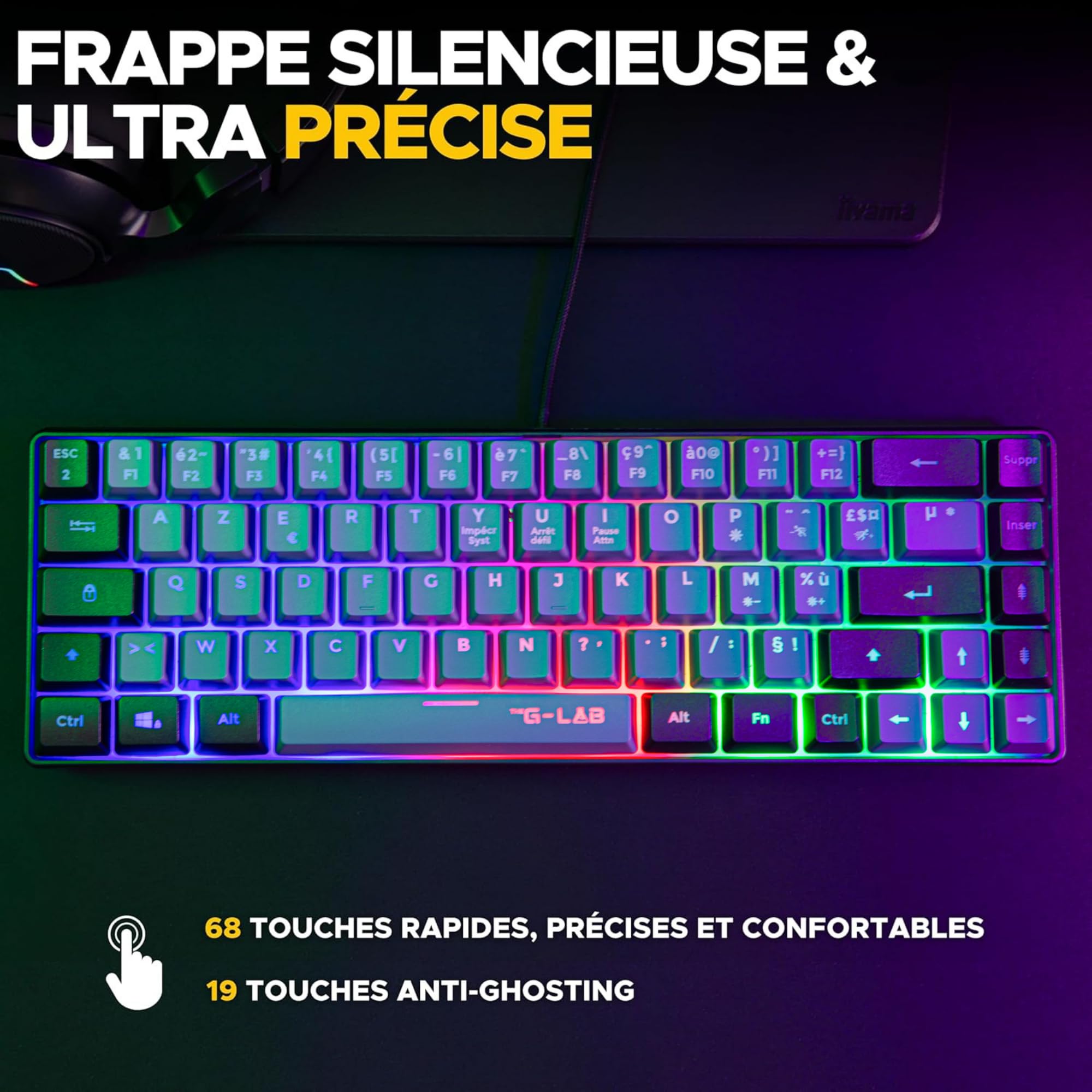 The G-Lab - Combo Hydrogen - Pack Clavier Souris Gamer, Clavier Gamer 65% Filaire, Rétroéclairage RGB, azerty, Format Compact + Souris Gaming RGB, 6 Boutons, 7200 DPI - PC/PS4/PS5 – Gris/Noir