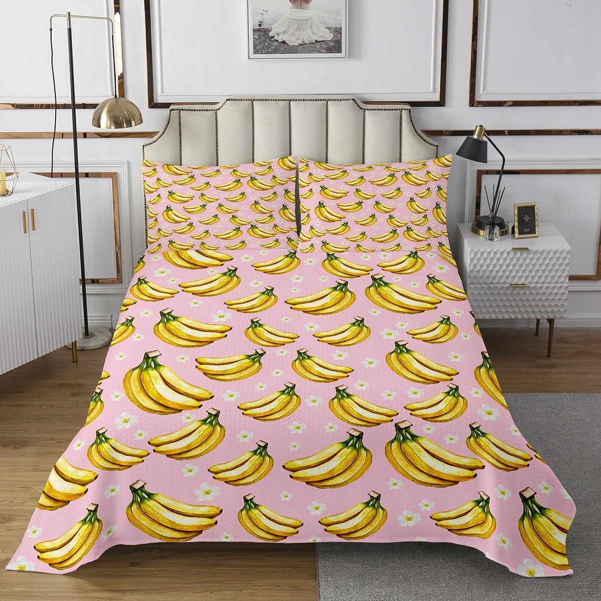 Erosebridal Banana Coverlet Set Twin Size Small Wild Flower Floral Bedspread Set for Kids Boys Girls Teens Kawaii Watercolor Fruit Bedspread Sets Banana Bed Sets