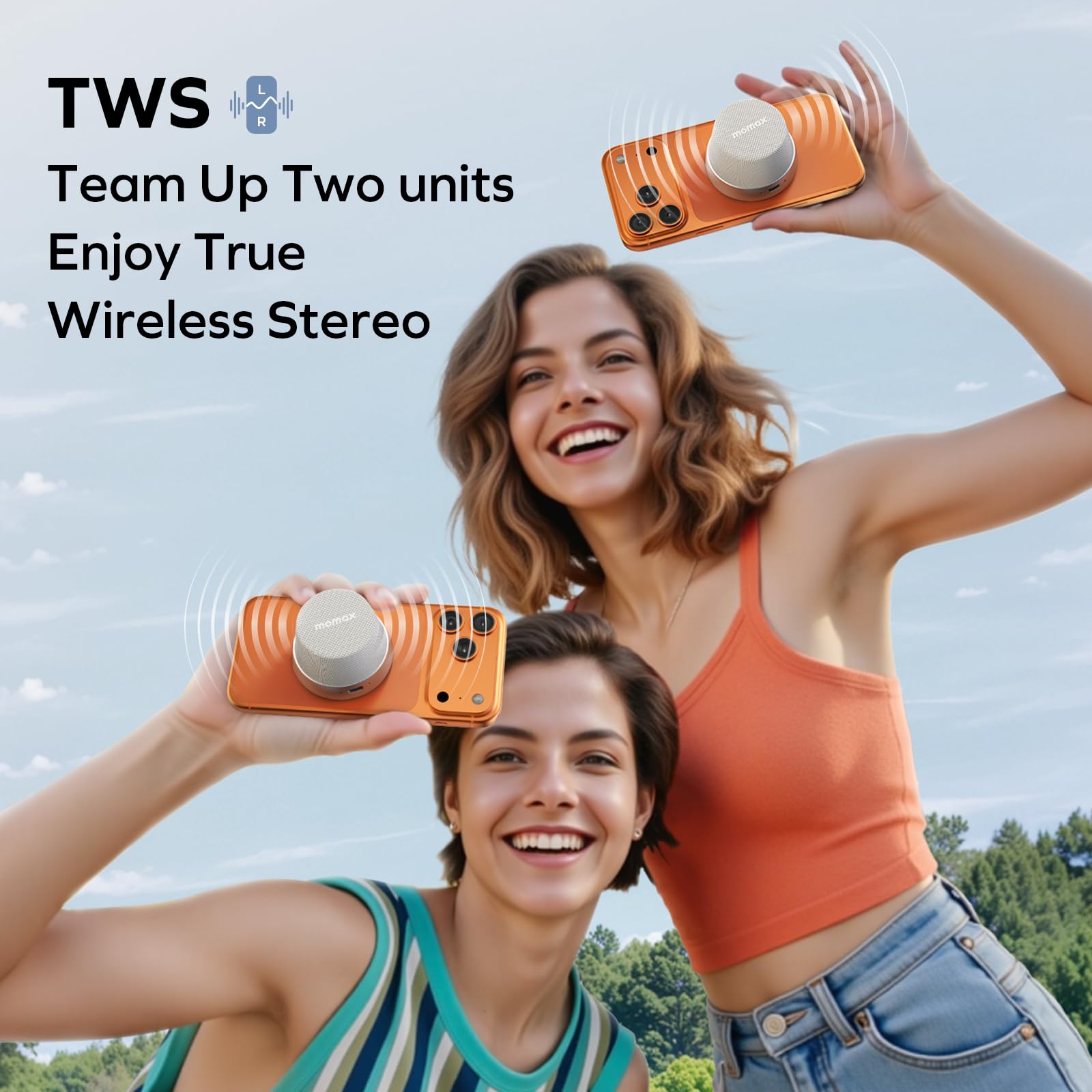 MOMAX Altavoz Bluetooth Magnético Portátil,Parlante Bluetooth Resistente al Agua IPX6, 12 Horas de Reproducción, Estéreo TWS,Altavoz de Ducha USB-C para Exteriores, Ideas para Viajes y Regalos