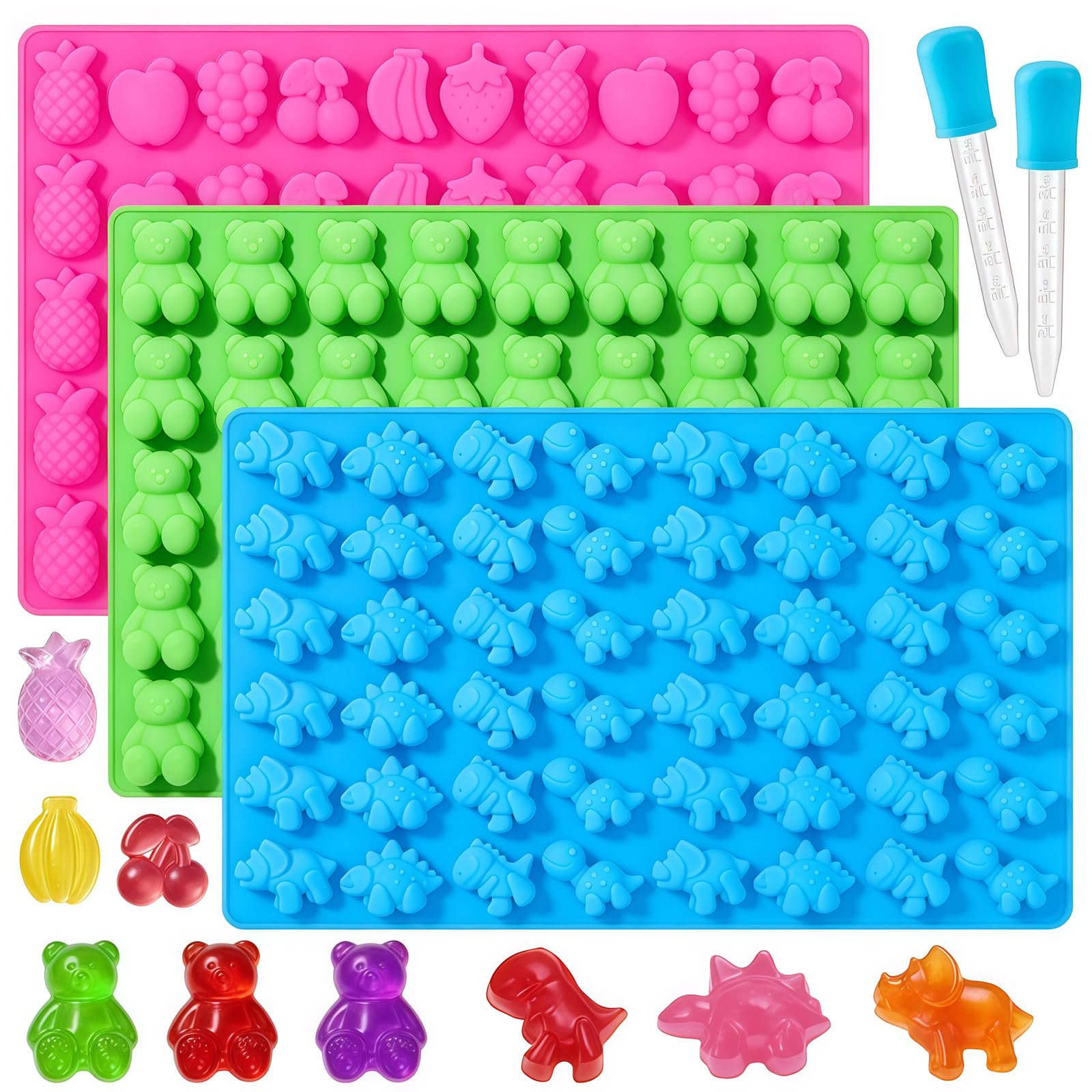 Gummy Candy Molds with 2pcs Droppers, Large Silicone Candy Molds 3 Pack