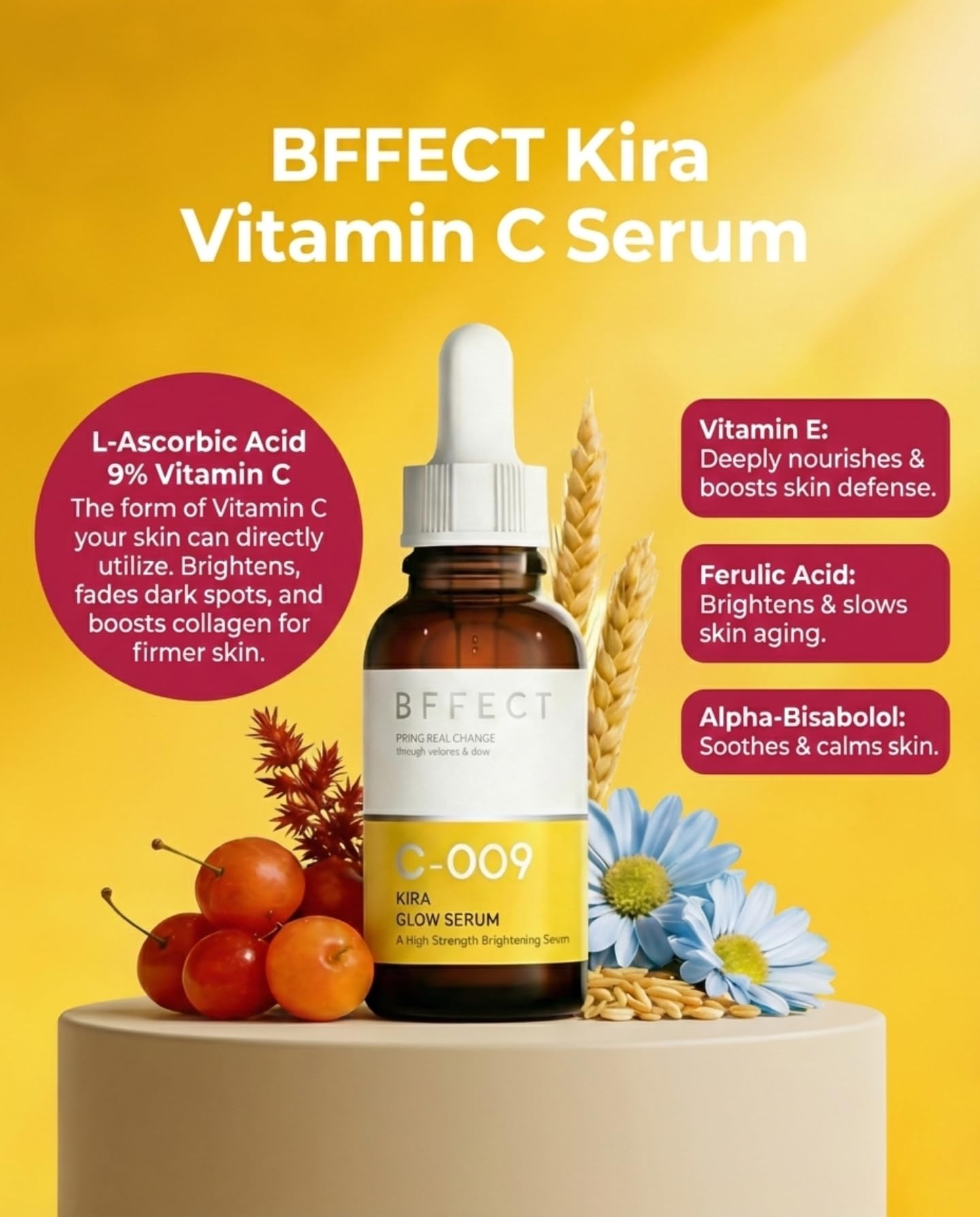 Condition photo showing New/Like New for Kira Glow 9% Vitamin C + E + Ferulic Acid Serum, Professional Brightening & Anti-Aging Serum for Face, Dark Spots Correcting & Boosts Radiance, 1 Fl Oz