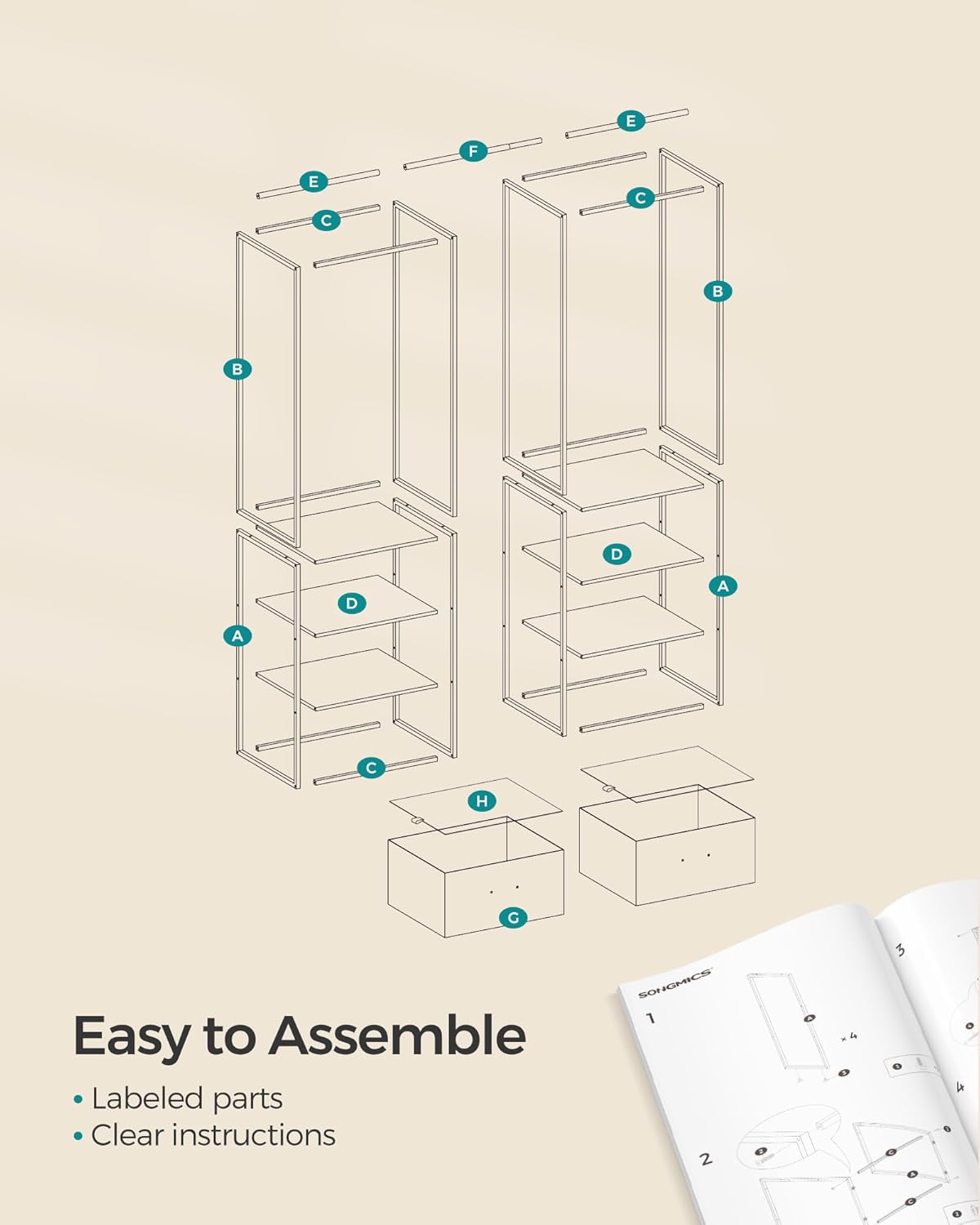 Diagram showing the labeled parts and step-by-step assembly process for the clothes rack.