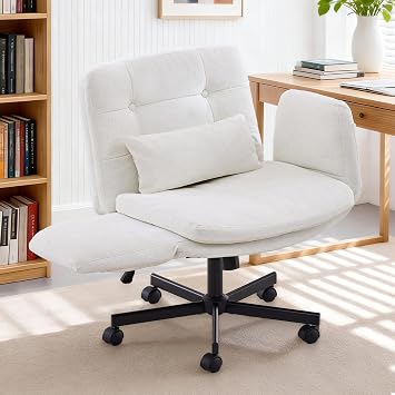 Criss Cross Chair with Adjustable Arms,Chenille Swivel Vanity Chair with Wheels,Modern Wide Seat Desk Chair with Lumbar Pillow,Cross Legged Office Desk Chairs for Bedroom,Makeup, White