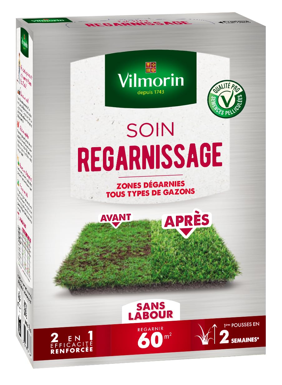 VILMORIN - Soin Regarnissage Universel 2 en 1 - Semences de gazon + Fortifiant naturel - Rénovation facile des gazons abîmés - Levée rapide - Enracinement profond - Pour tous types de gazons - 1 Kg - 1