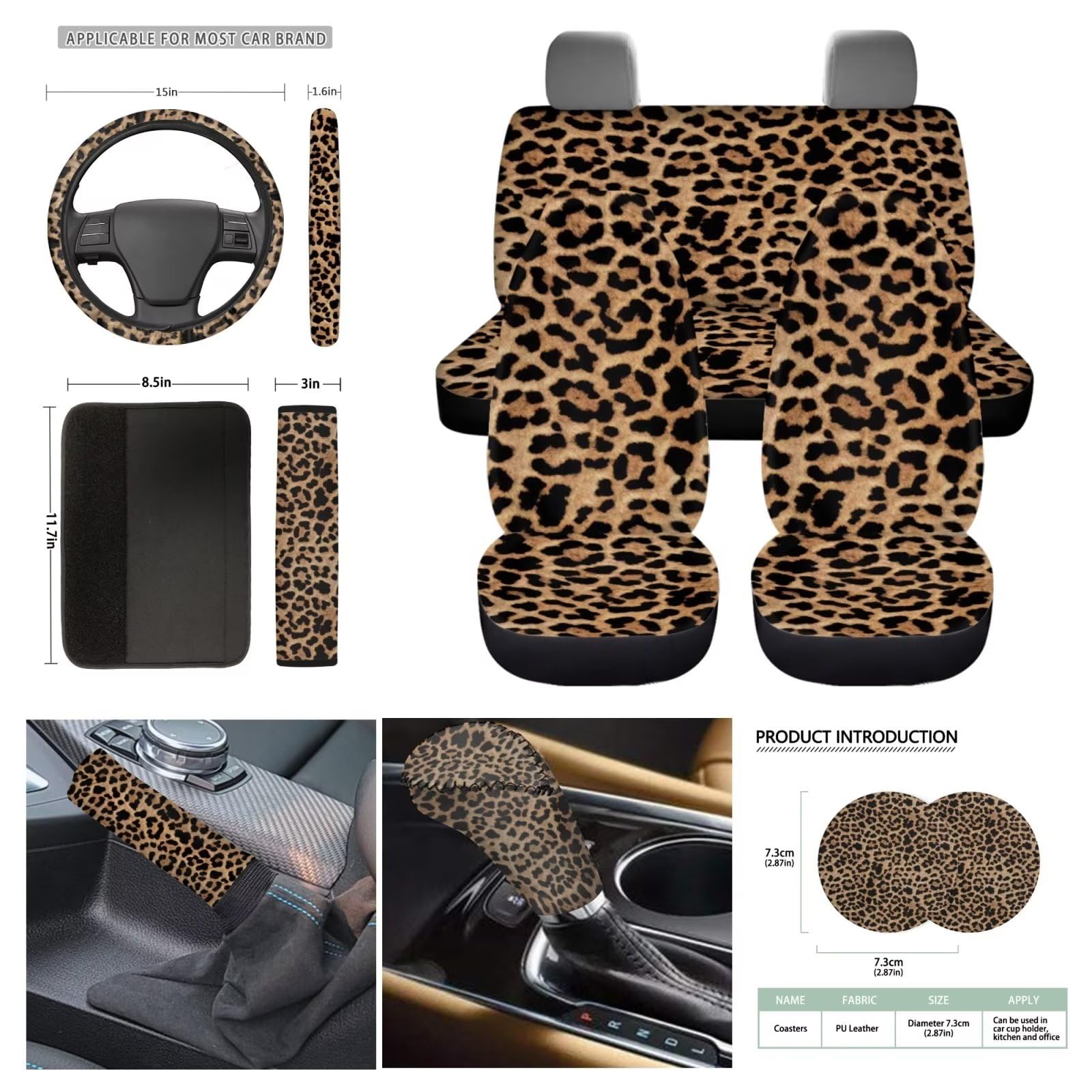 Leopard akcesoria samochodowe dla kobiet, pełny zestaw, pokrowce na siedzenia, ochraniacze na kierownicę, podkładki do samochodu, osłona pasa bezpieczeństwa, osłona na hamulec ręczny, pasuje