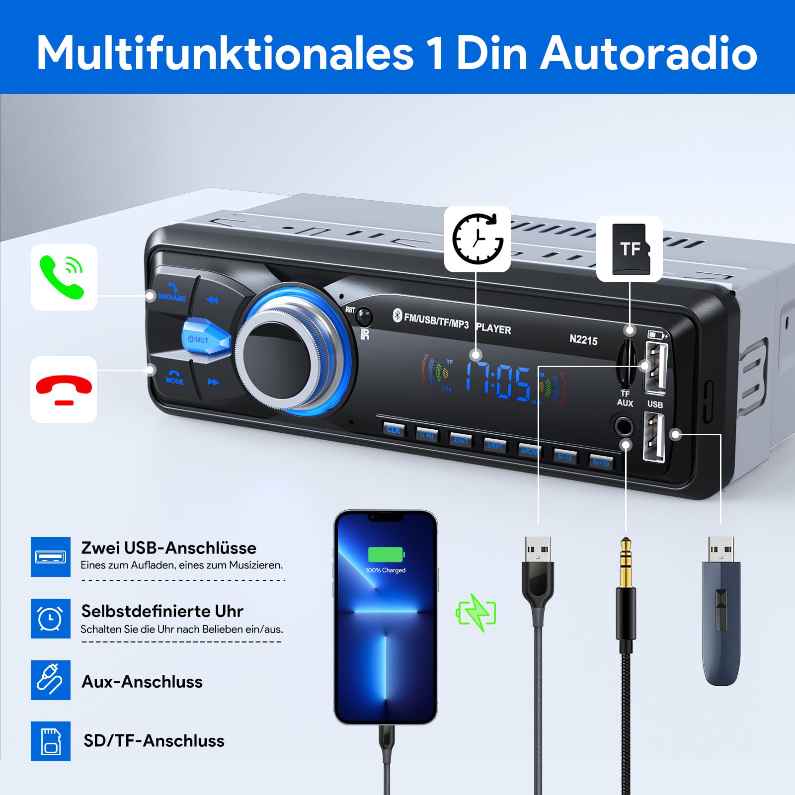 Autoradio Bluetooth,CENXINY Auto Radio Bluetooth 1Din Autoradio FM 2USB/AUX/SD Karte/MP3-Player Fernbedienung, Unterstützung für iOS/Android