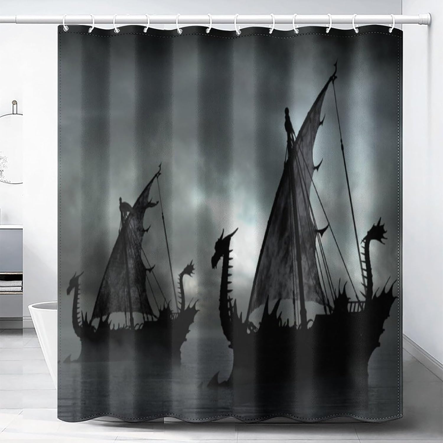 Viking Ship Shower Curtain Fantasy Vikings Warship Dragon Ship Retro Sea Pirate Boat Print Shower Curtain for Bathroom Decor Fabric Waterproof Upholstery Hook 66x72in
