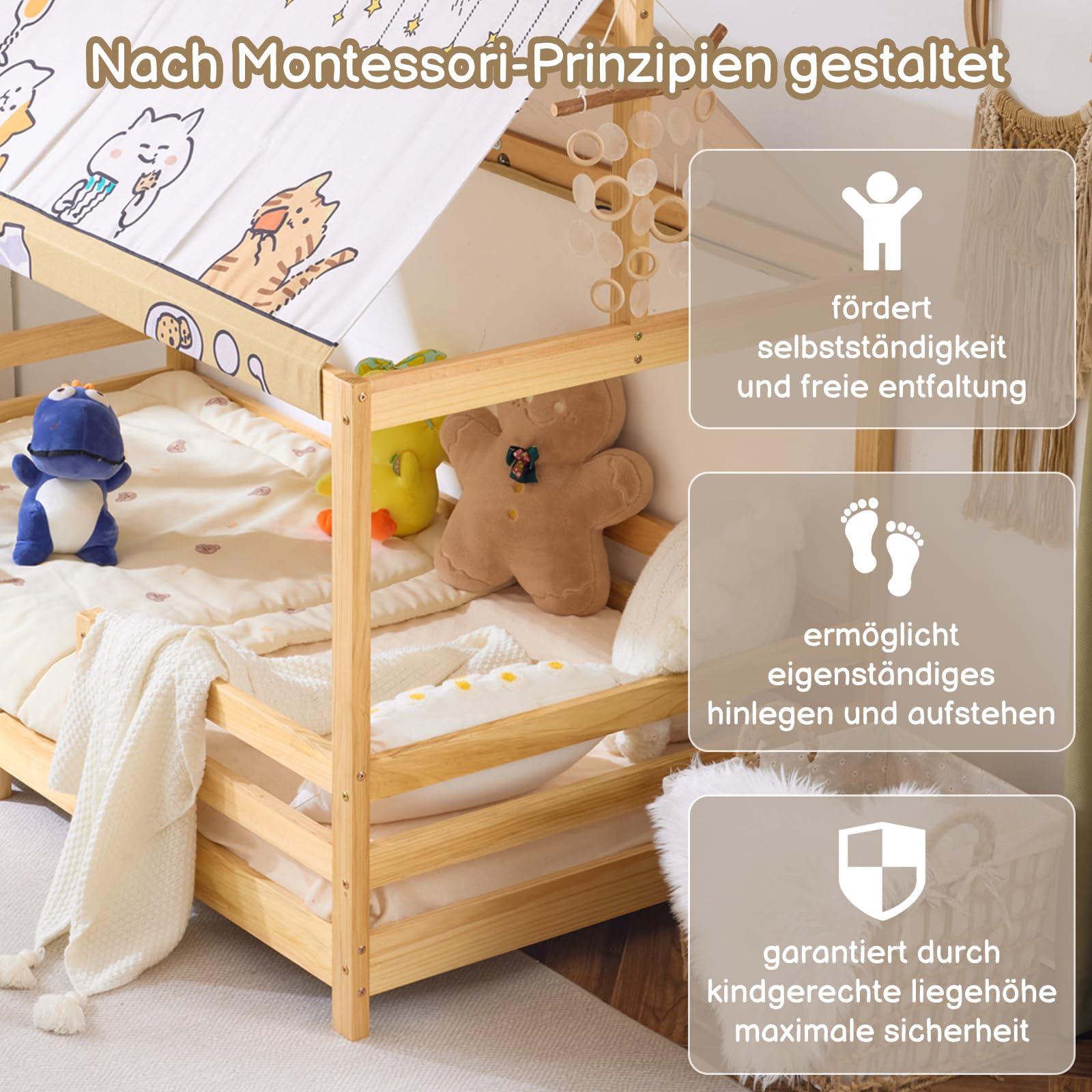 LEADZM Kinderbett Bodenbett 90x200 cm, Kinder Bett Mit Stoffhimmel | Kinderbetten inkl. Rausfallschutz & Lattenrost, Bodenbett Kinder bis 200 kg (90x200 cm，Natur)