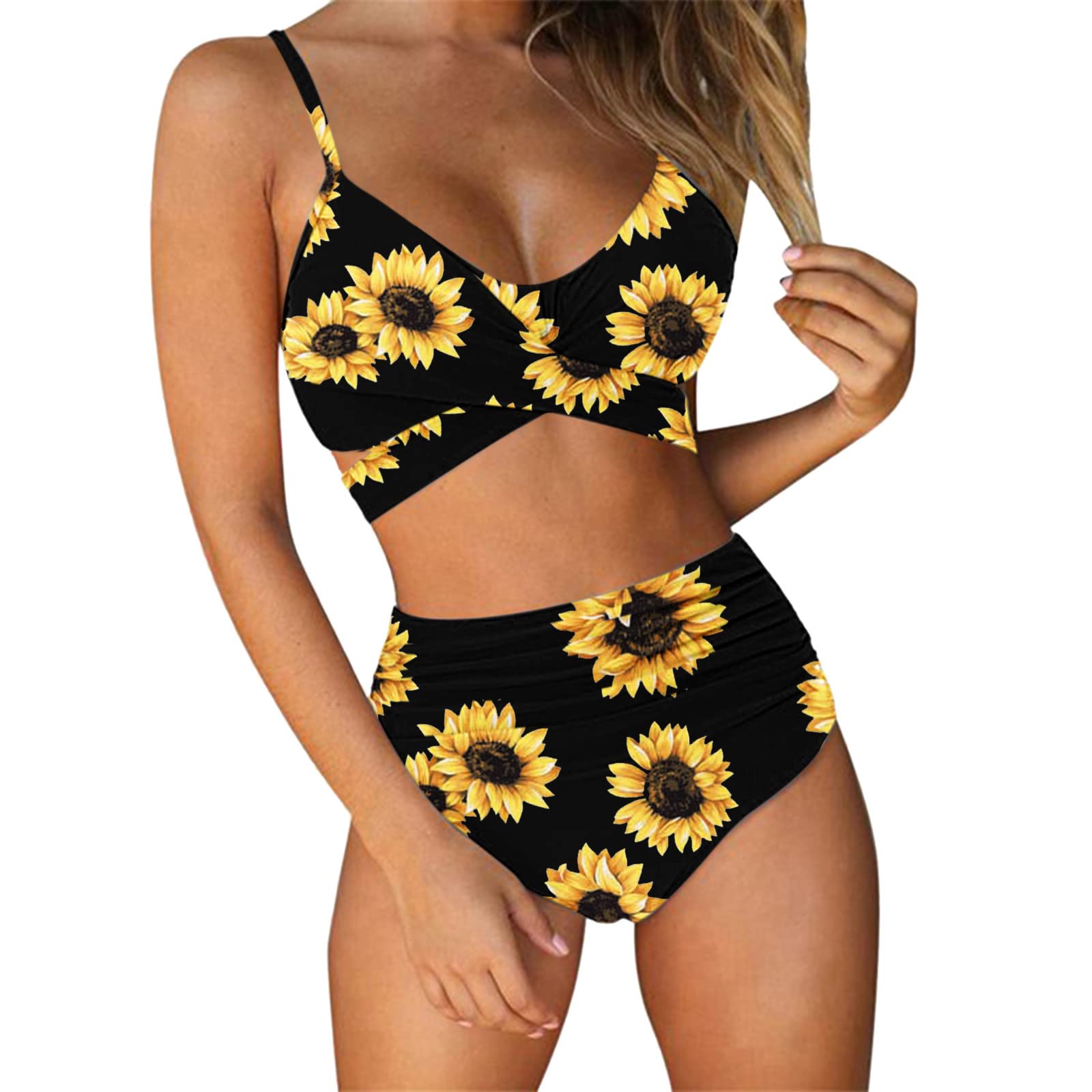 Ensemble bikini fleuri noir à imprimé croisé et taille haute avec cordon réglable - 5