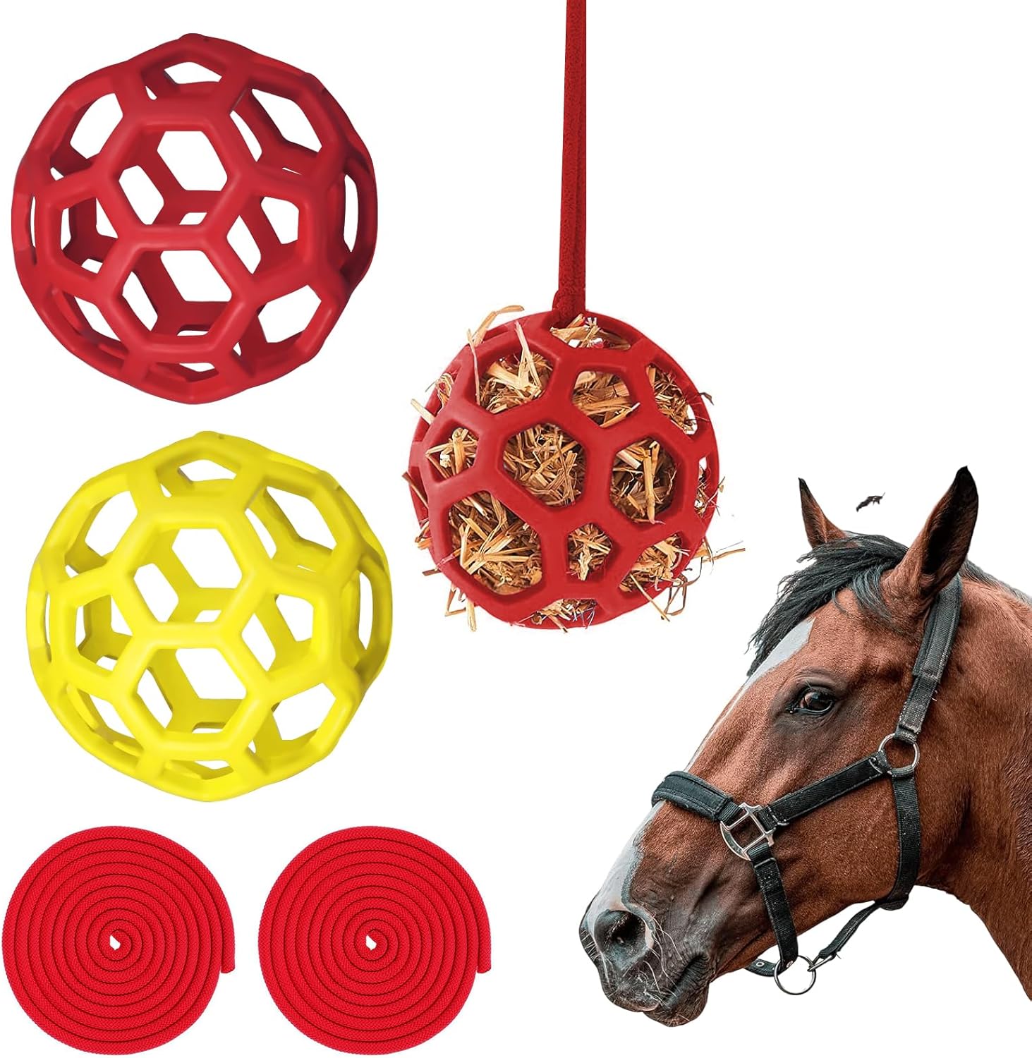 Goat Feeder Hanging Feeding Toy,Horse Treat Hay Feeder Toy, Durable TPR Feeding,for Horse Goat Sheep Relieve Stress,Stretch-Resistant Design(2pcs,Red+Yellow)