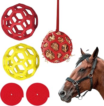 Goat Feeder Hanging Feeding Toy,Horse Treat Hay Feeder Toy, Durable TPR Feeding,for Horse Goat Sheep Relieve Stress,Stretch-Resistant Design2pcs,Red+Yellow
