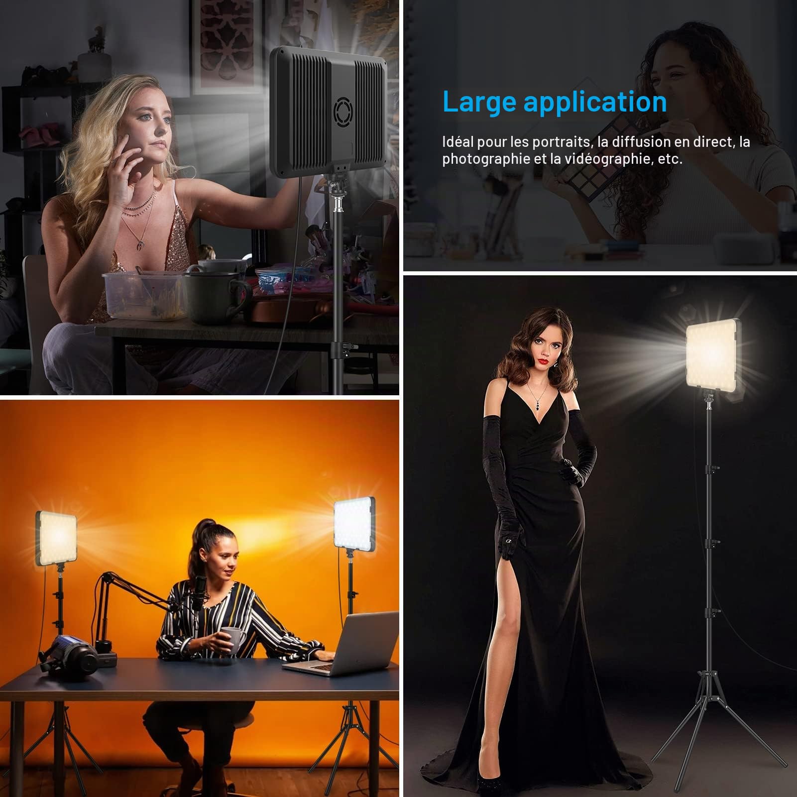 Obeamiu Lot de 2 lampes vidéo LED avec trépied de 160cm, éclairage de studio de photographie à intensité variable 2500-8500K pour l'enregistrement de portrait de collection/diffusion de jeux en direct