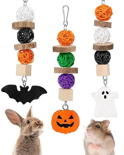 Xylolfsty 3PCS Chinchilla Toys Guinea Pig Bunny Rabbit Chew Toys Teeth Care Grinding Accessories for Small Animals Dwarf Pet Rat Cage Hanging Halloween-Themed