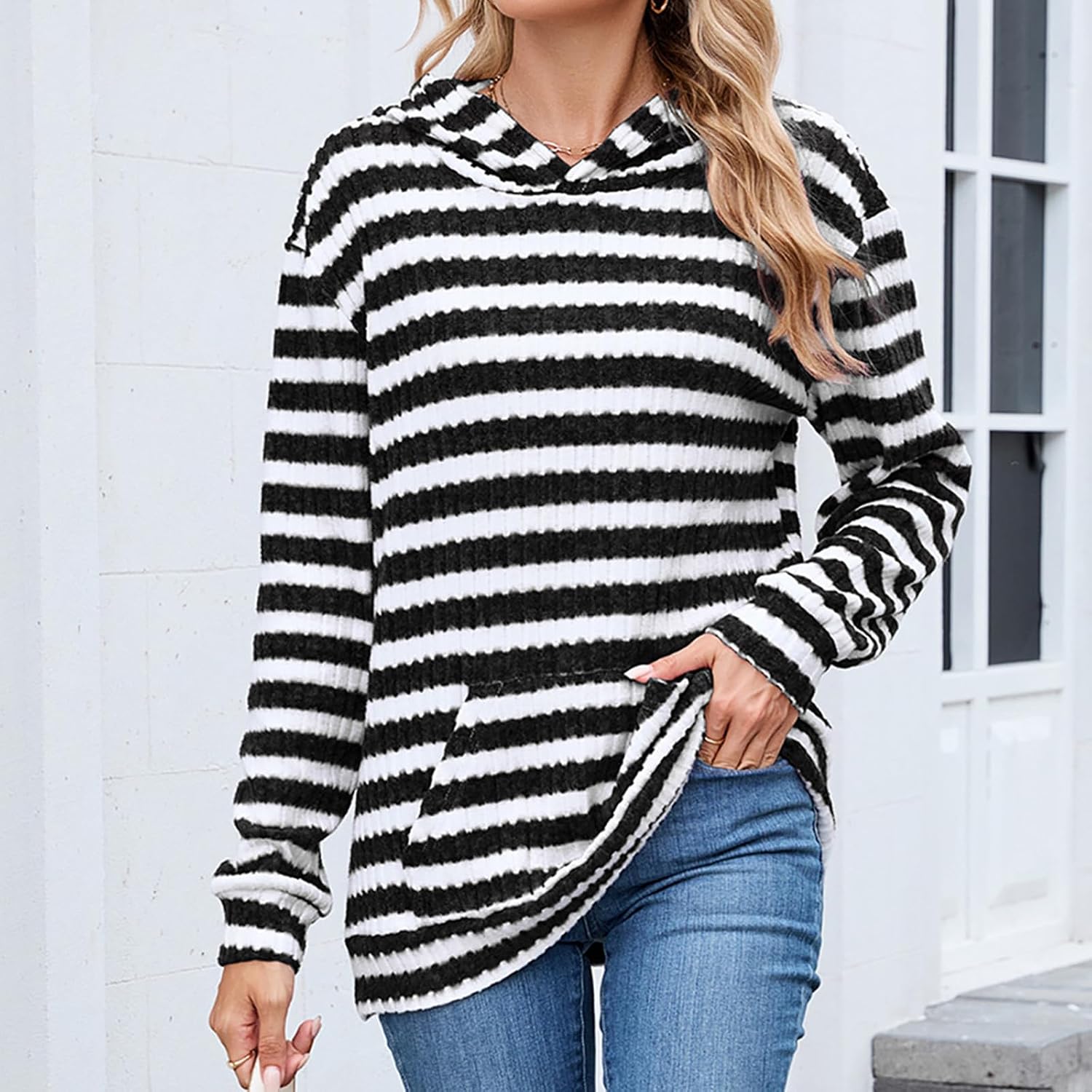 Womens Cozy Knit Sweaters Hoodies Ribbed Striped Long Sleeve Pullover Sweatshirts Fall Winter Outfits with Pocket