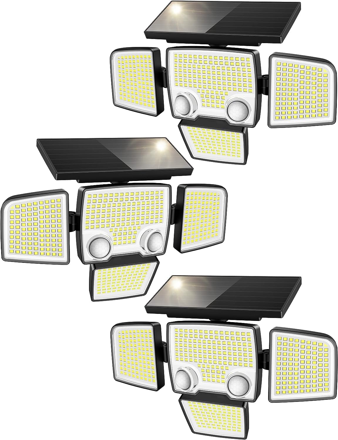 LYWALT Solar Outdoor Lights - 3000LM 423 LED Motion Sensor Outdoor Lights, 4 Heads IP65 Waterproof Powered Security Flood Lights, 270°Wide Lighting Angle Wall Light with Dual Sensors for Backyard Yard