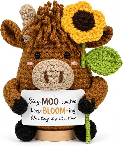 Highland Cow Crochet Gifts with Sunflower & Solid Wood Base，4.3 inches